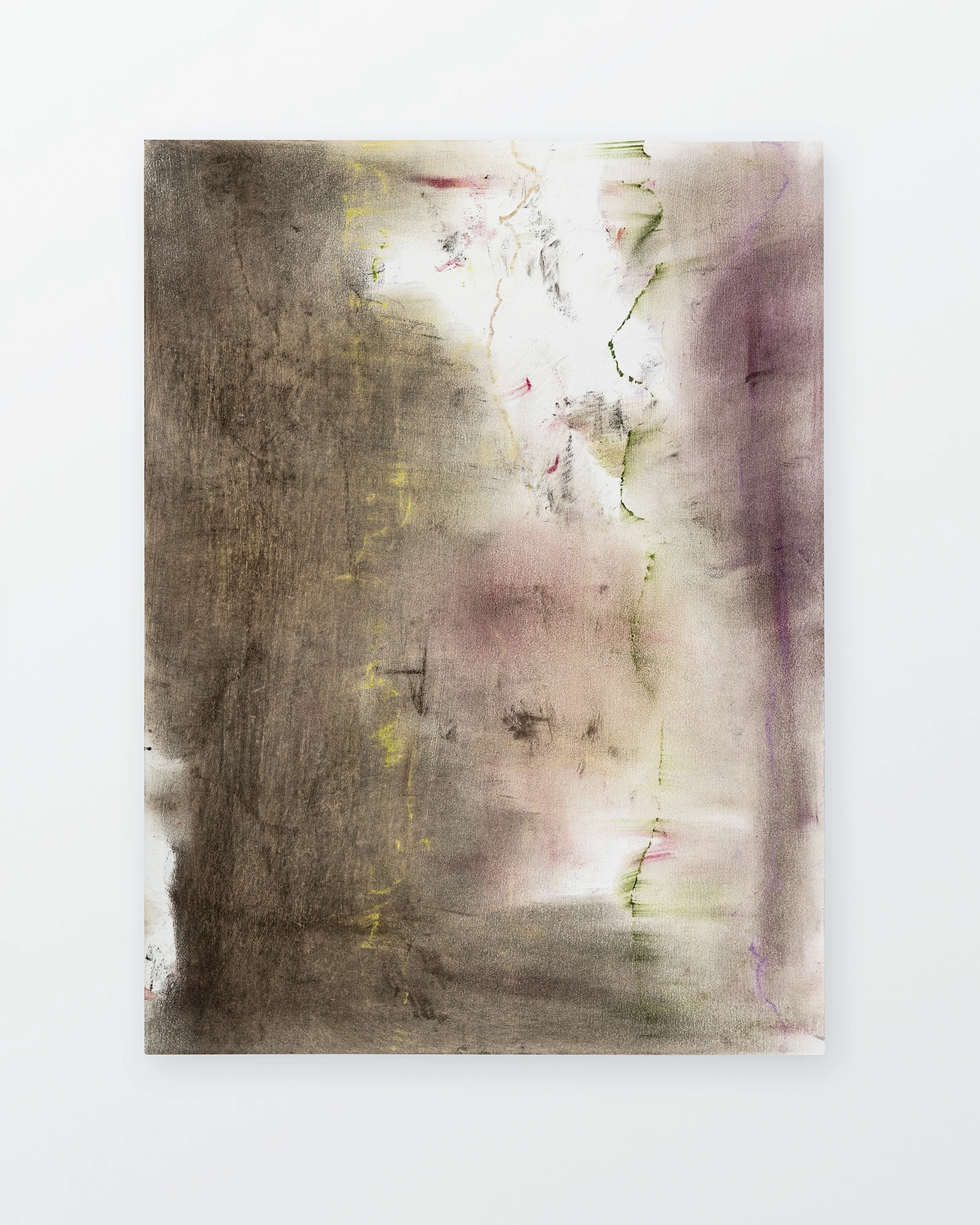 Mixed media work on wood panel with muted gray, ochre, and mauve tones layered with delicate pastel marks, yellows, greens, and pinks creating an abstracted,…