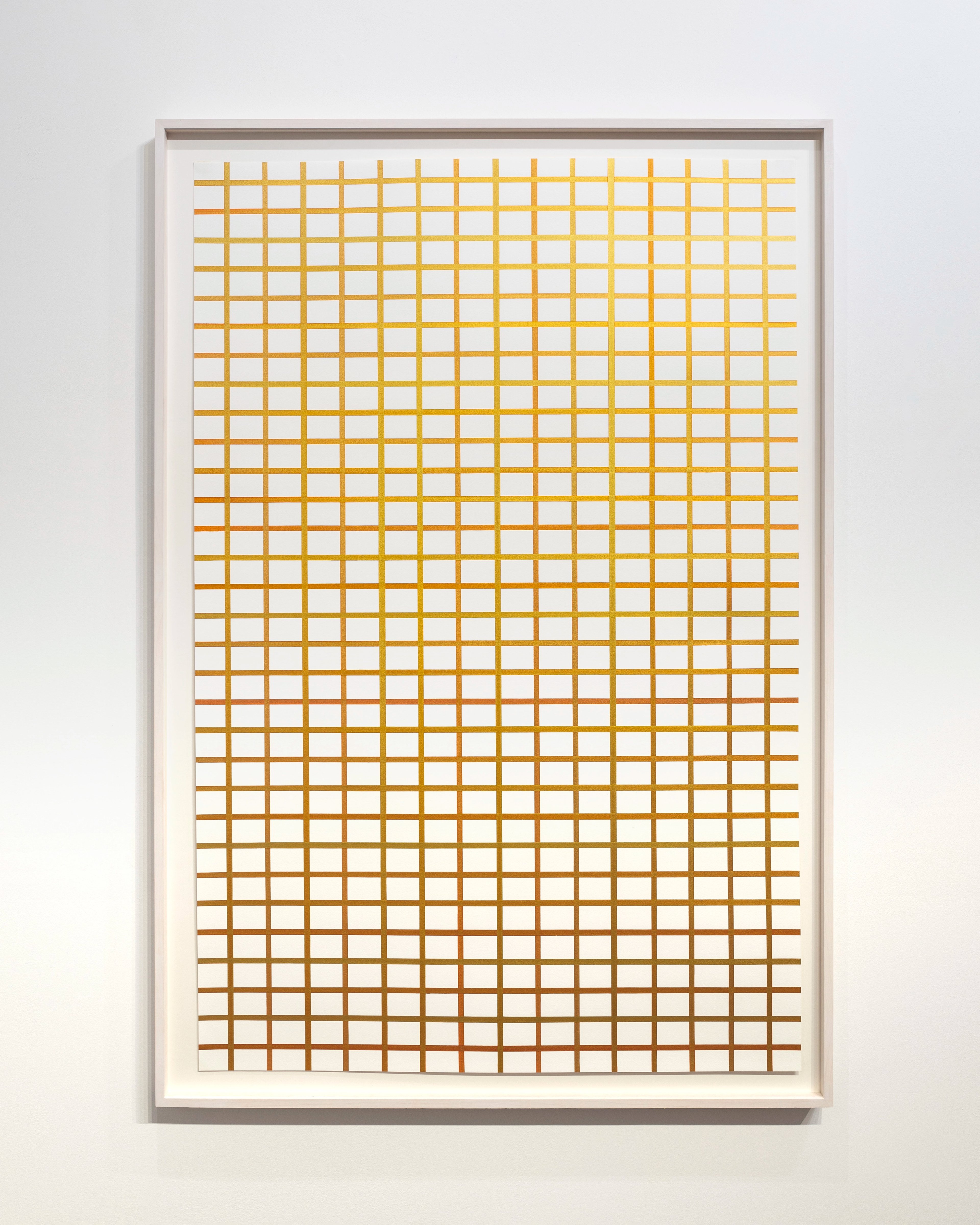 Regular grid of golden-yellow horizontal and vertical lines on white paper, creating uniform squares that gradually shift from pale yellow at top to deeper b…