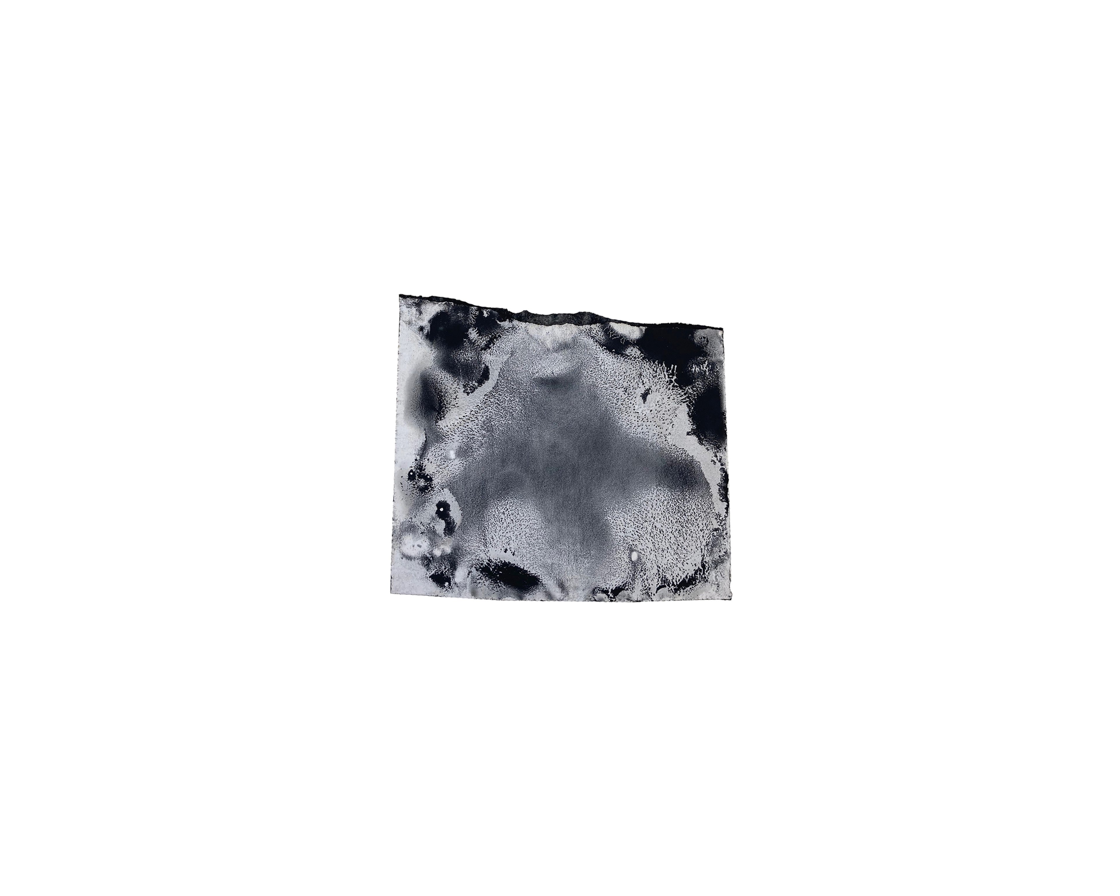 Abstract watercolour on paper with organic black and white forms, ragged edges, and textural surface suggesting landscape or atmospheric phenomena