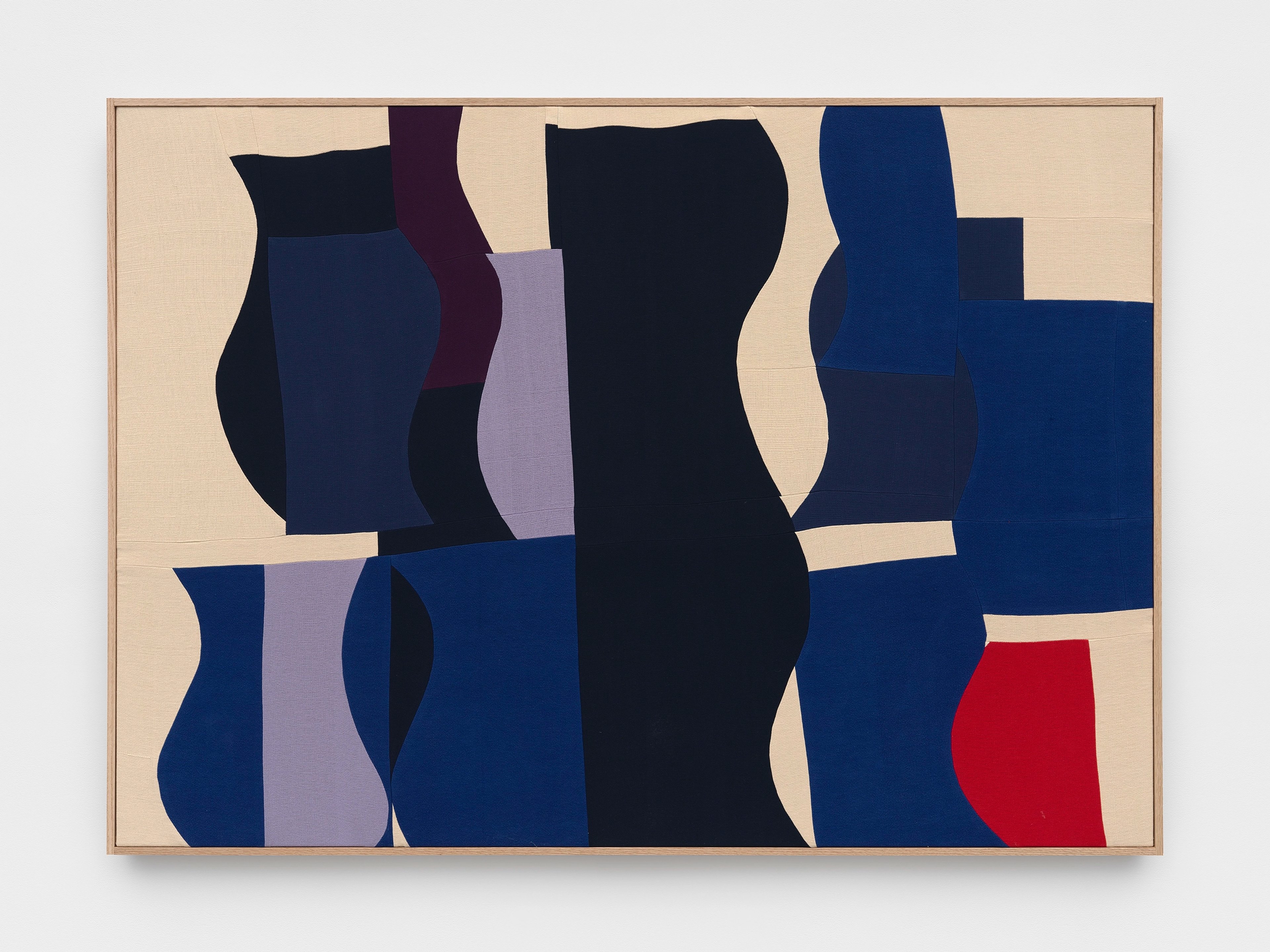 Abstract composition of interlocking organic shapes in navy, black, maroon, lavender, and red on cream linen ground, hand-woven