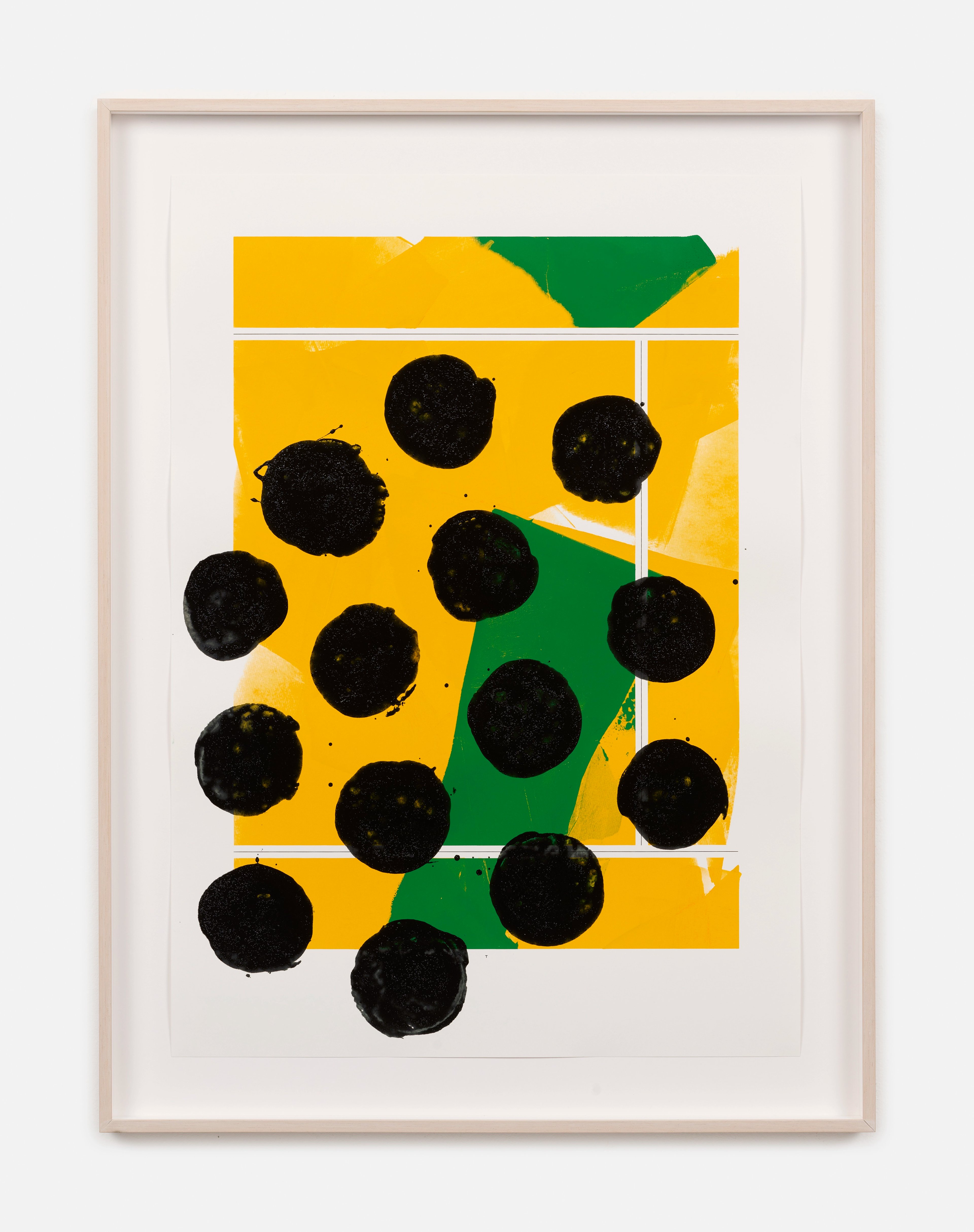 Geometric composition with bright yellow and green rectangular forms divided by white lines, overlaid with sixteen black circular shapes scattered across the…