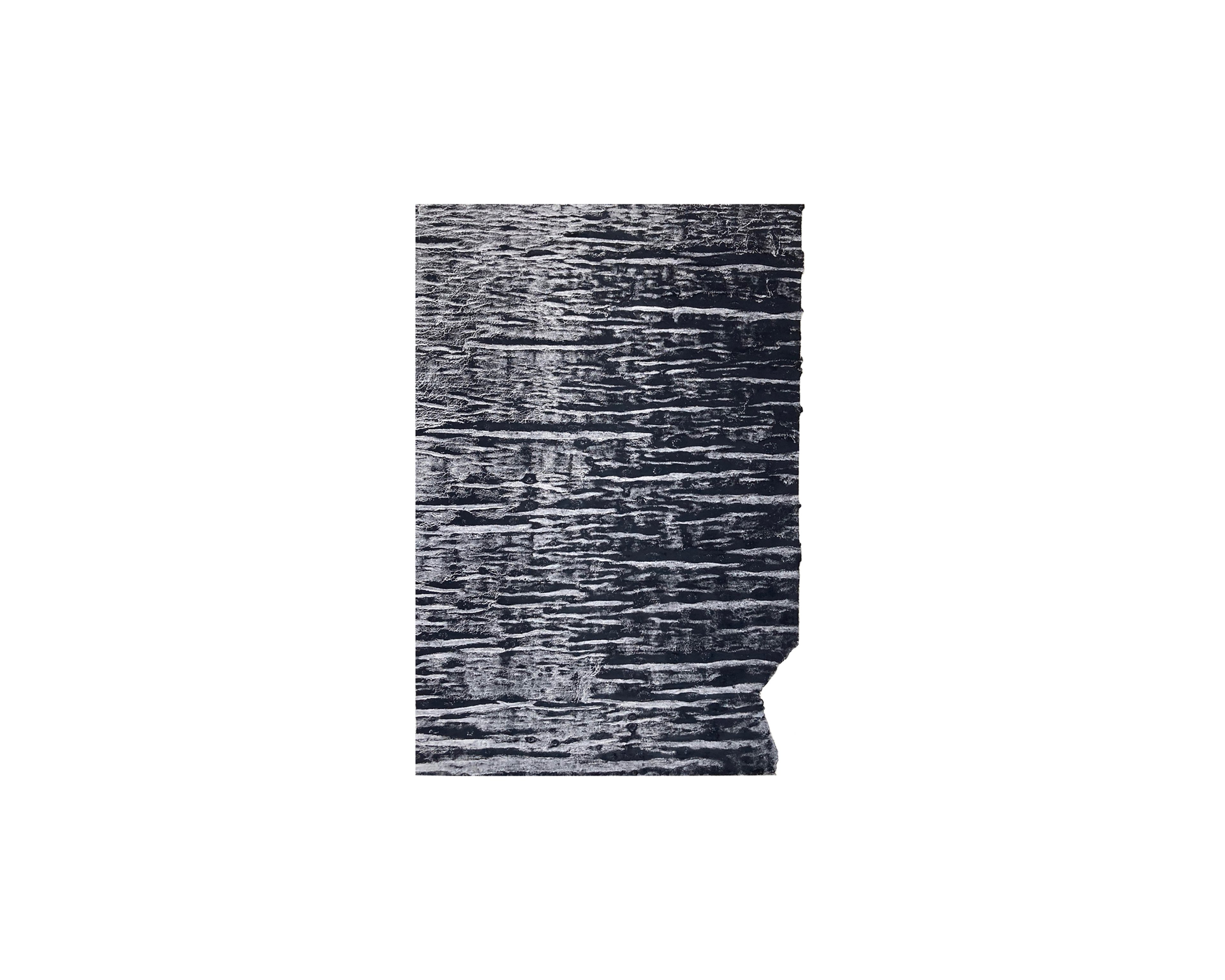 Rectangular watercolour with horizontal gestural marks in black and grey, right edge folded and creased, on white paper