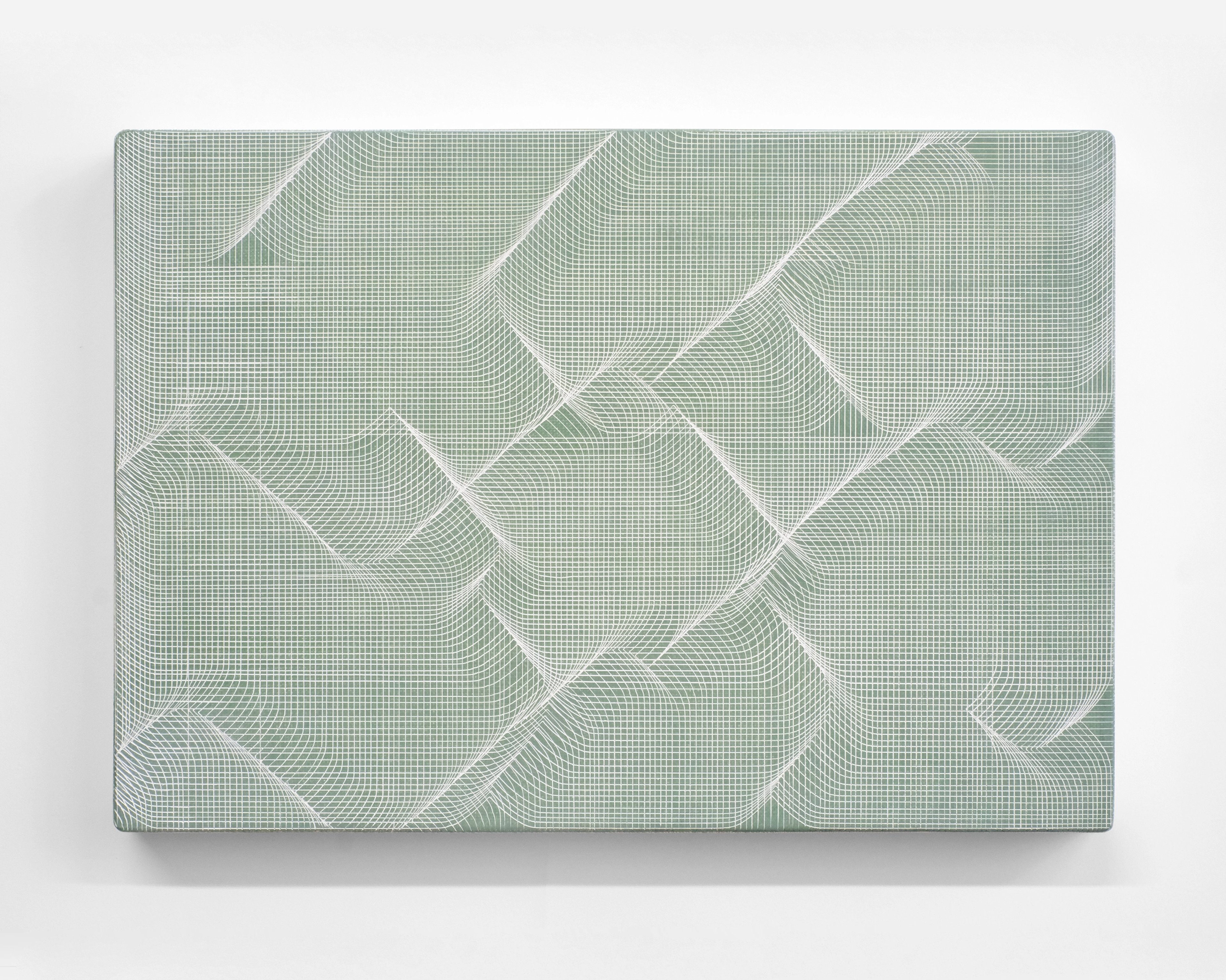 Green and white geometric panel with interlocking curved forms created by fine scratched lines and casein paint, forming a tessellating pattern of three-dime…