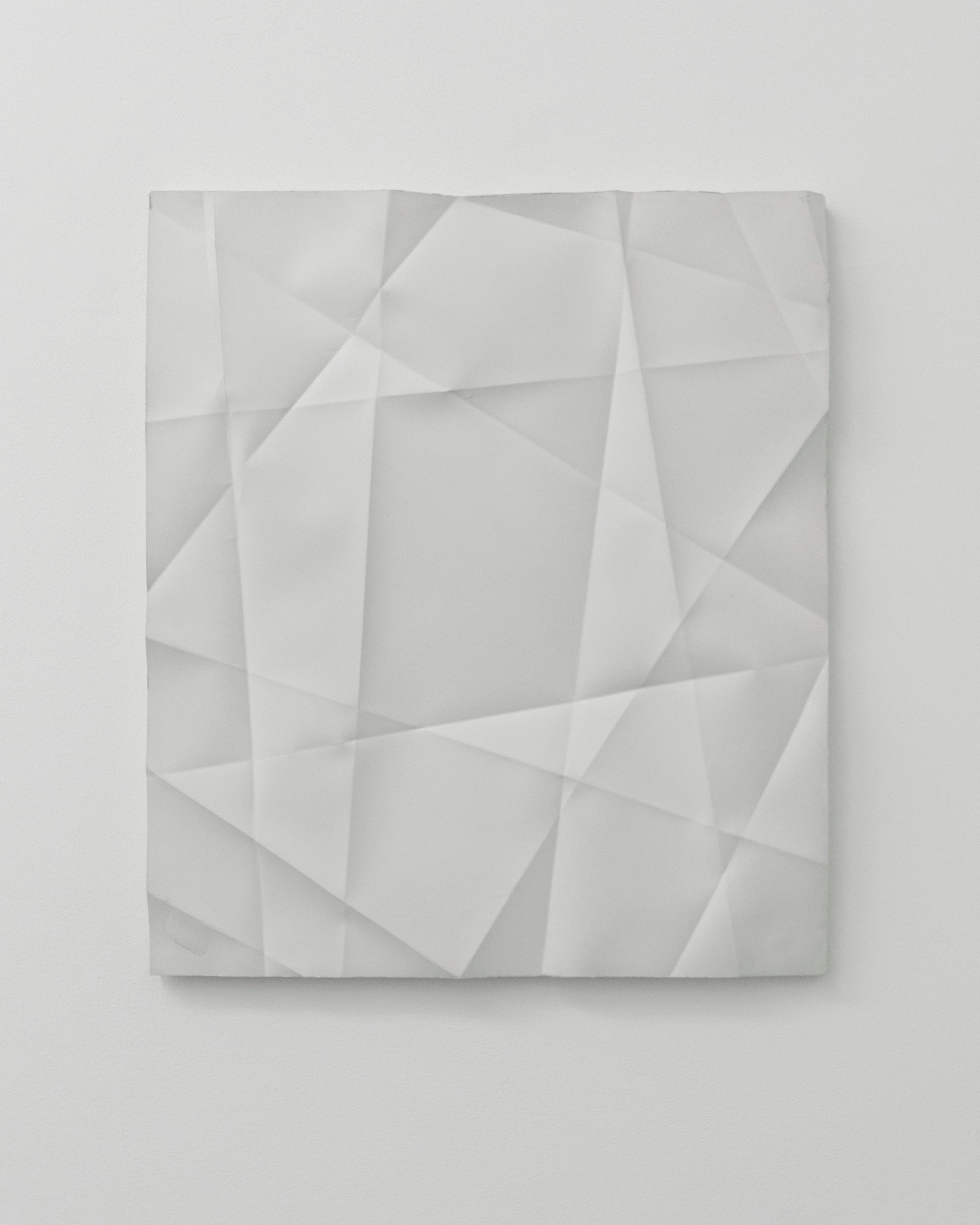 White plaster relief with interlocking folded planes creating a geometric, three-dimensional composition in varying tones of grey and white