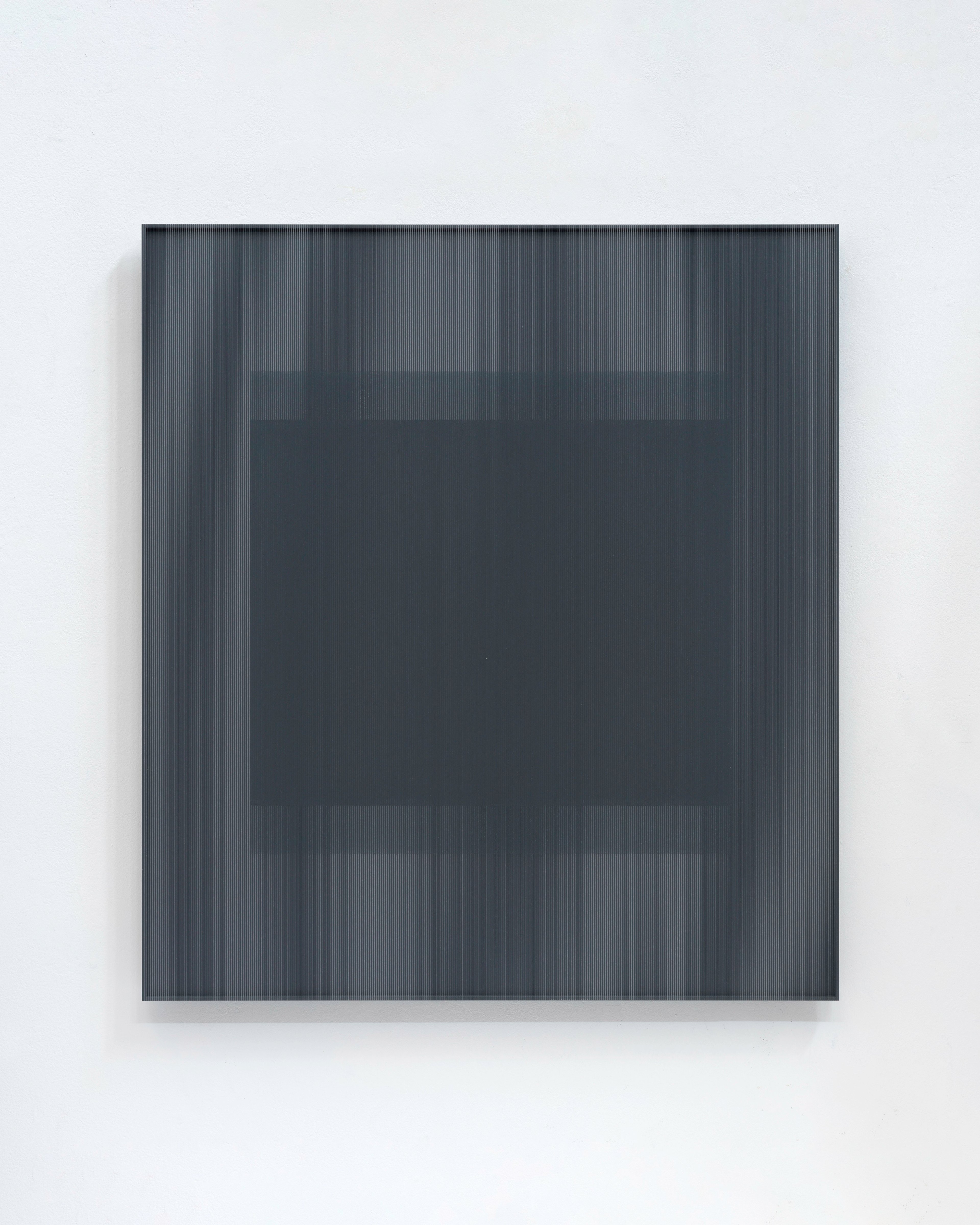 Thread and acrylic paint on aluminium panel with concentric rectangles in charcoal and slate grey tones, creating subtle dimensional depth through layered ho…