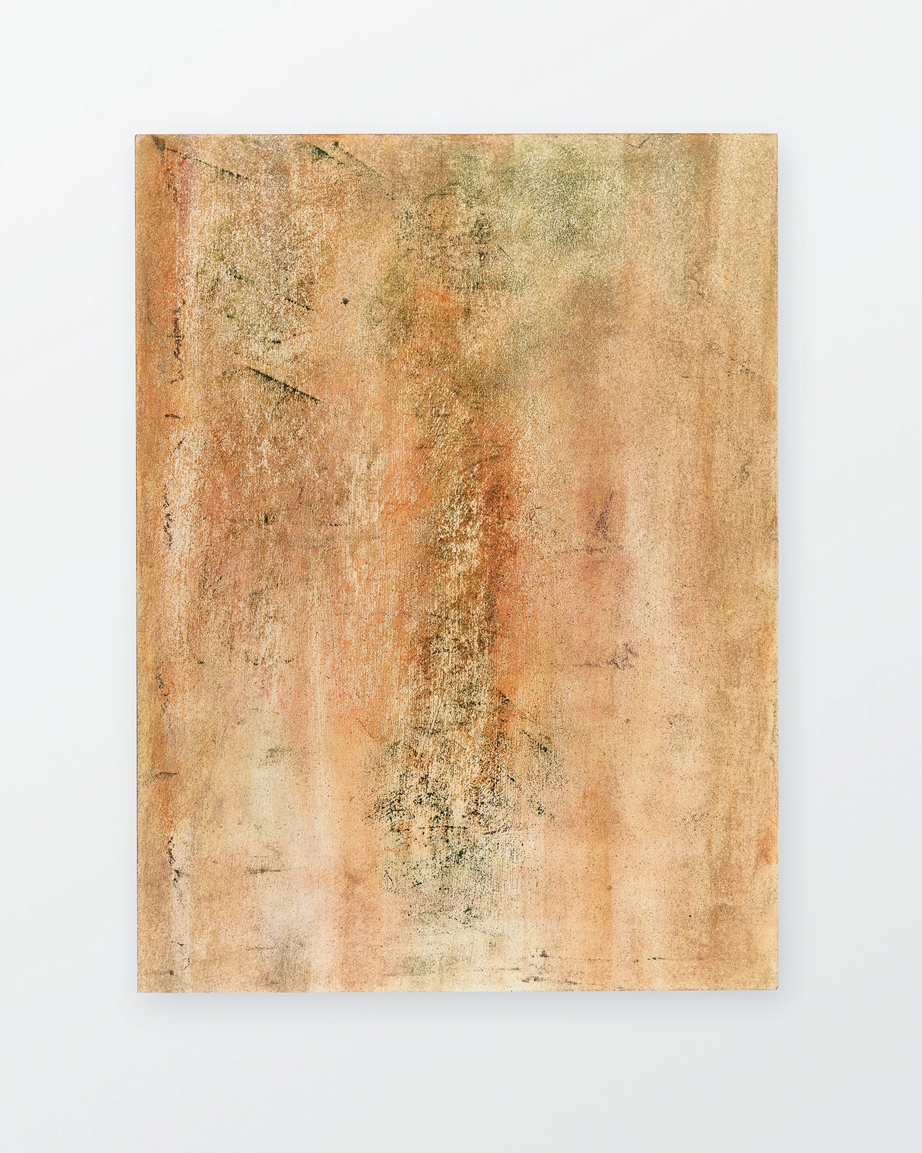 Rectangular wooden panel with layered pastel in warm ochre, cream, and rust tones, marked by subtle gestural marks and weathered surface texture suggesting a…