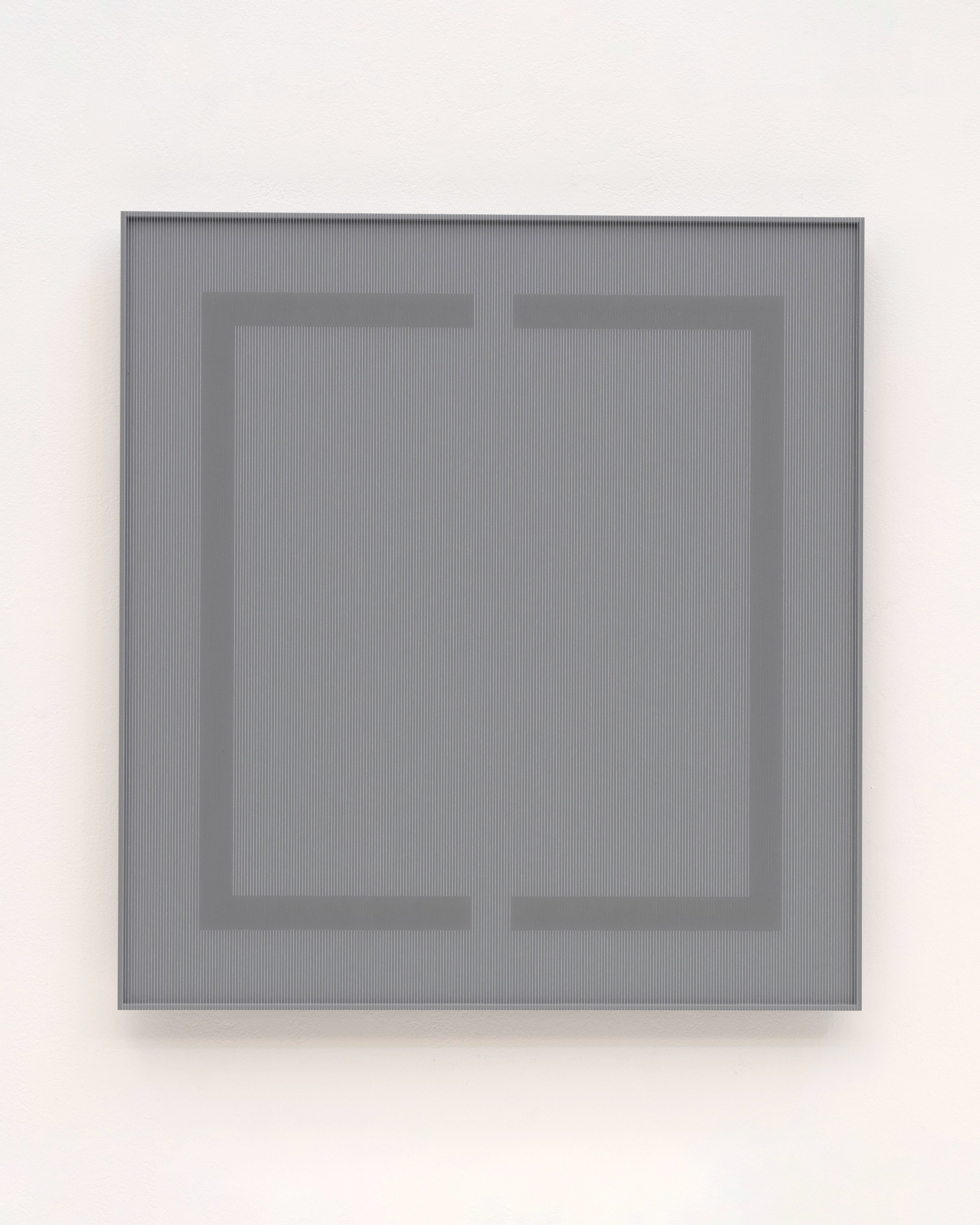 Thread and acrylic paint create two nested rectangular frames in shades of grey on a vertical striped aluminium panel mounted on Dibond