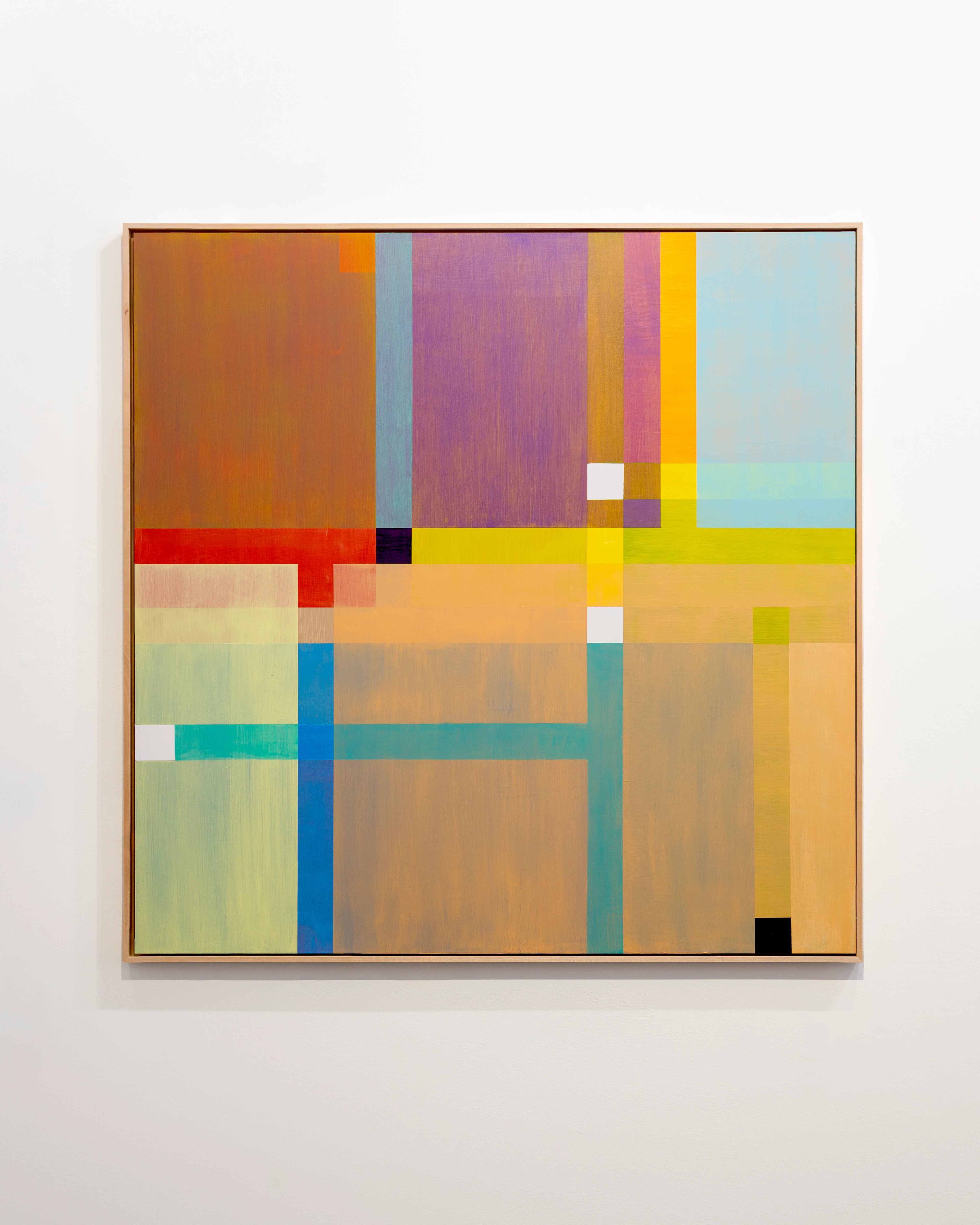 Abstract acrylic composition on wood panel with overlapping geometric rectangles in warm oranges, yellows, and earth tones intersected by vertical stripes in…