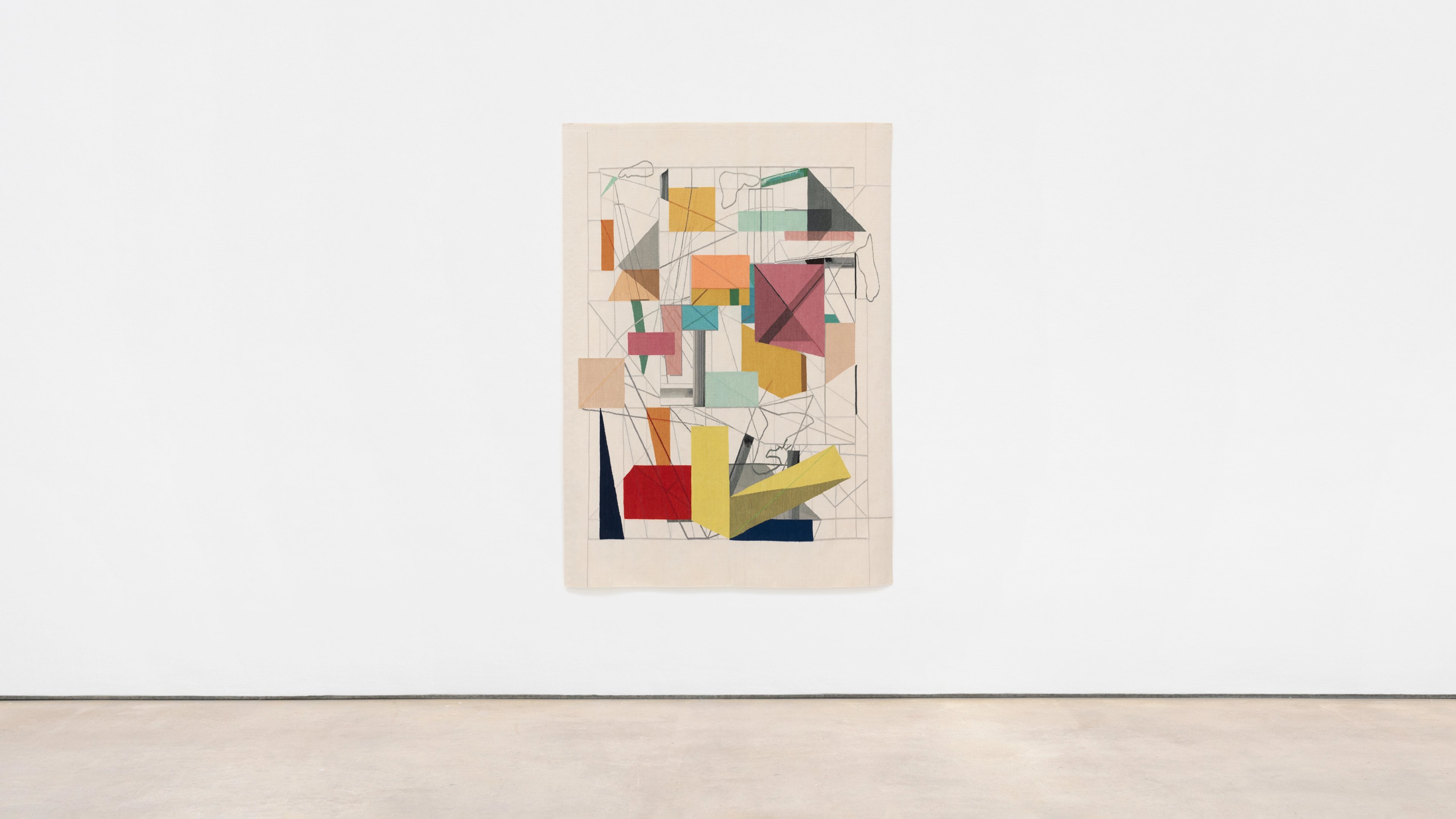 Geometric abstraction in muted tones—ochre, red, teal, black—composed of overlapping angular shapes and linear grid lines on cream paper, mounted on gallery…