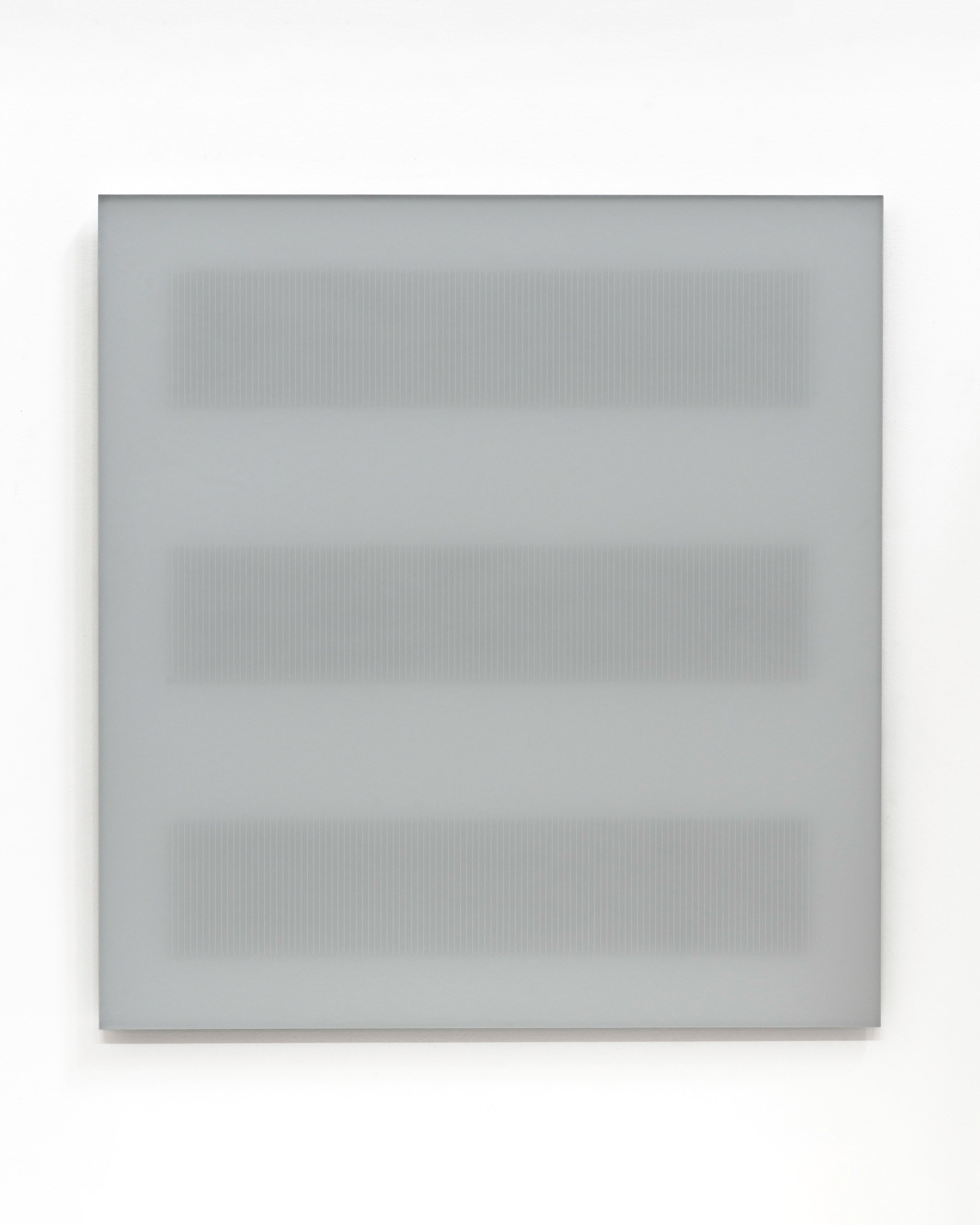Light grey acrylic panel with three horizontal bands of fine vertical striations separated by matte grey zones, creating a subtle rhythmic composition on cas…
