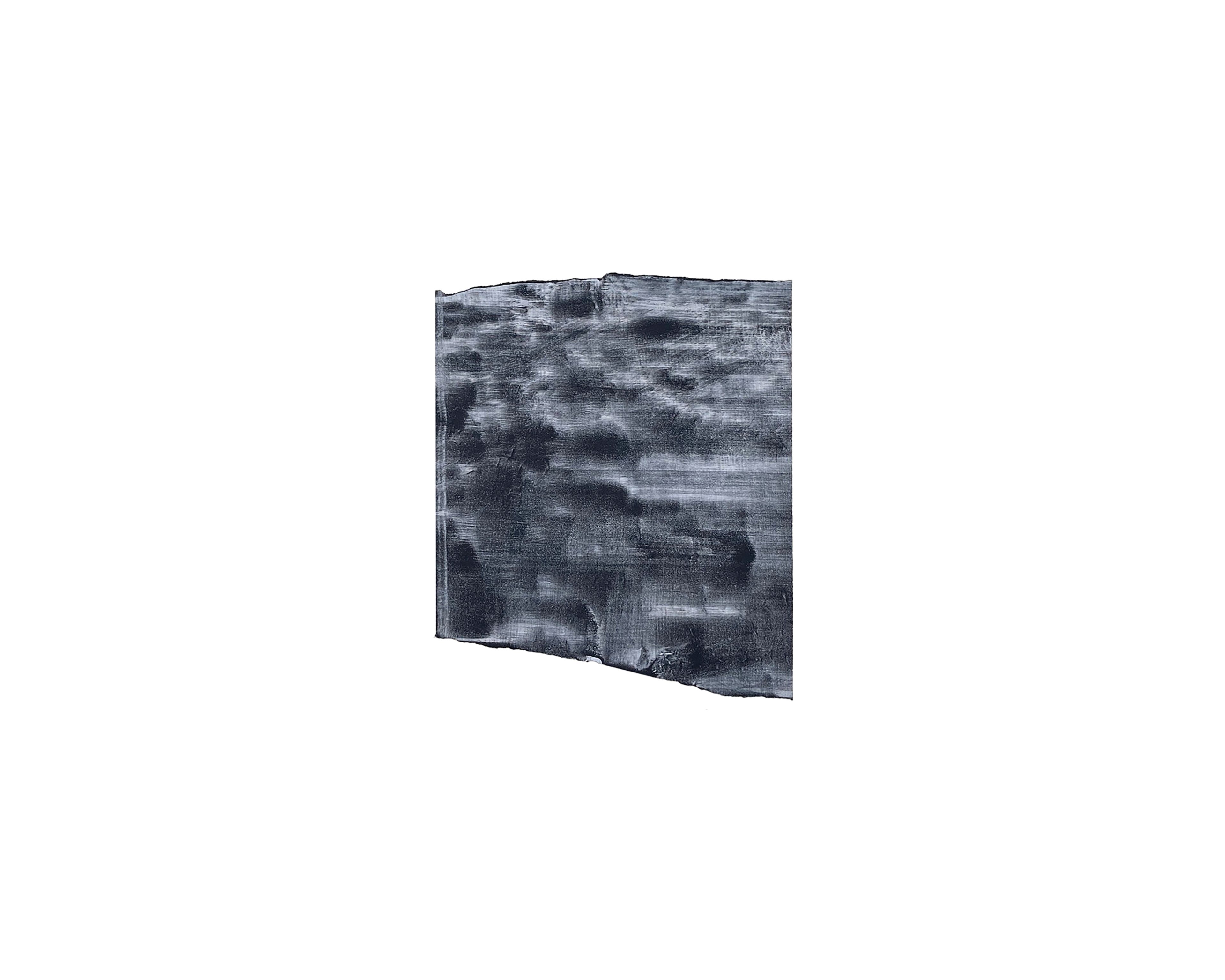 Angled watercolour painting with dark blue-grey gestural marks and washes across textured paper surface, depicting an atmospheric, cloud-like composition