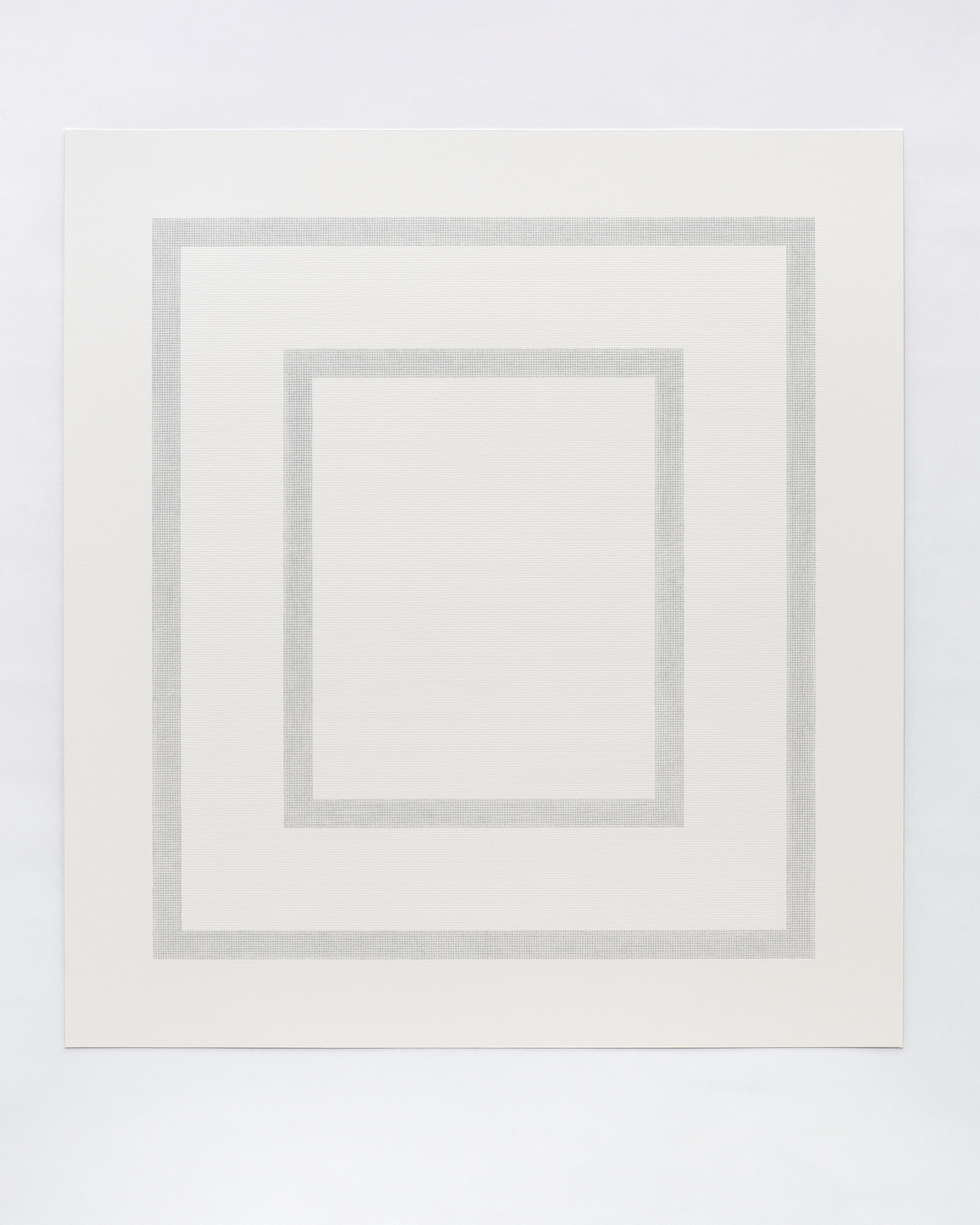 Concentric squares rendered in light grey colouring pencil on white paper, creating a nested geometric composition with subtle textured borders.