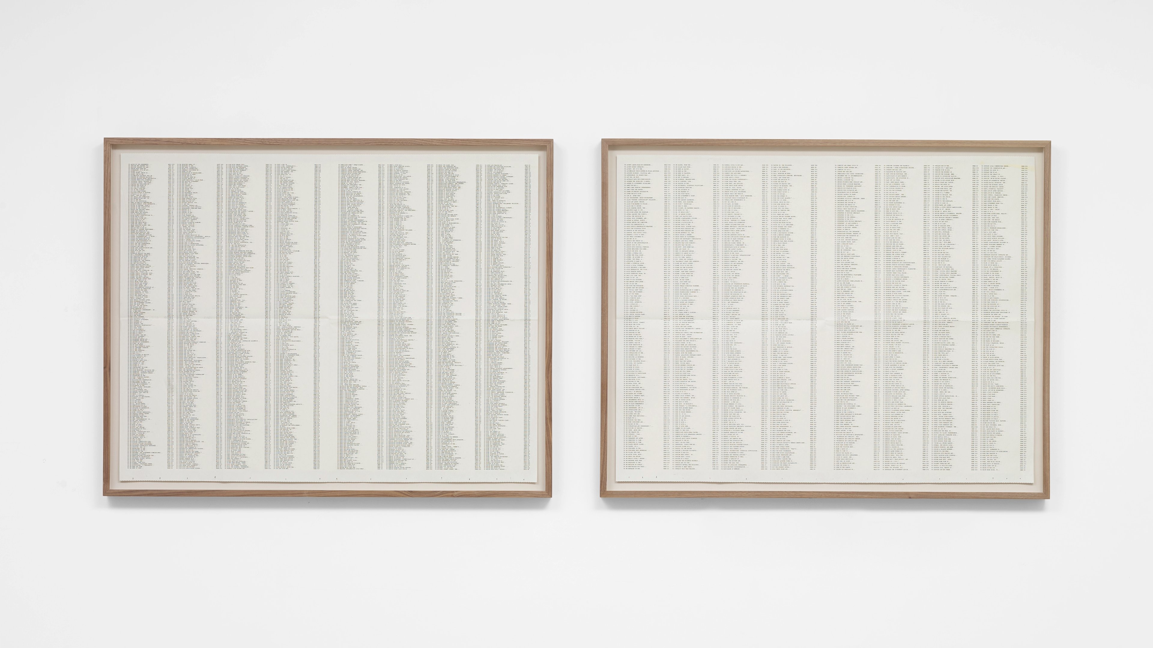 Two framed works of folded newspaper arranged as diptych, each densely printed with columns of small text in wooden frames hung side by side