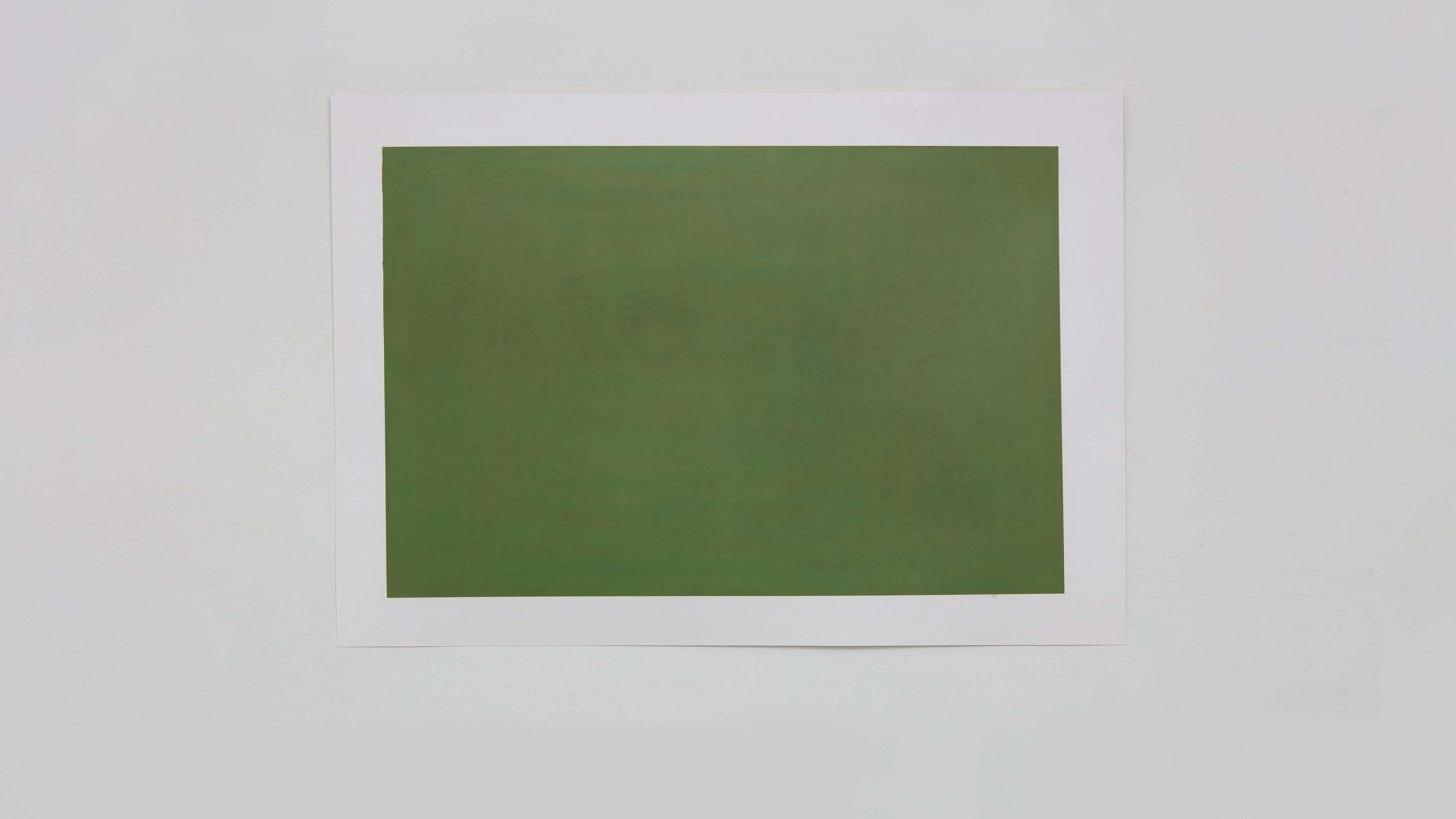 Horizontal muted olive-green rectangle rendered in oilstick on paper, mounted on light gray ground