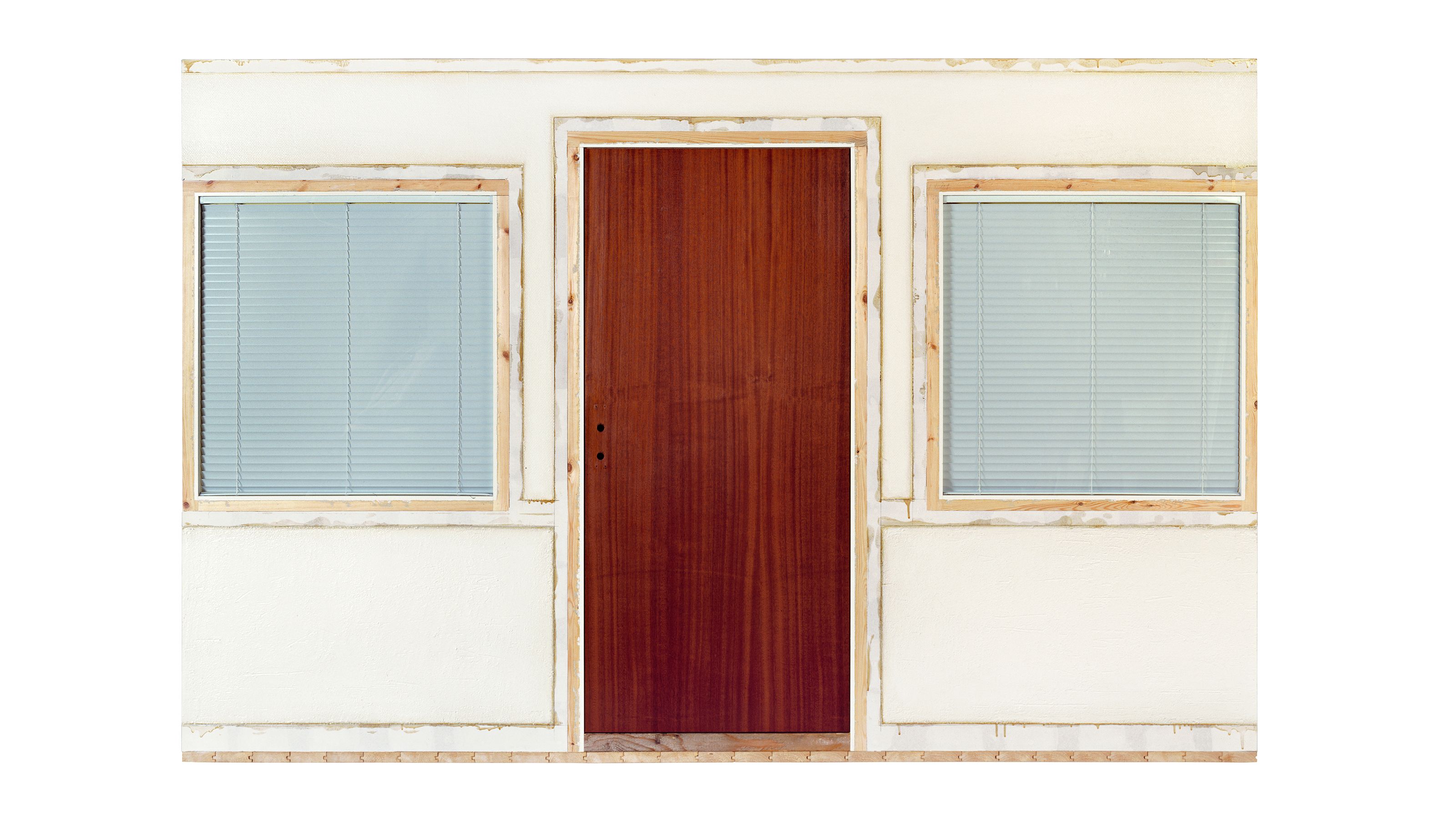 Clay Ketter, Suckerpunch Motel Wall, 2001, Household enamel paint, net wall covering, sand, wallboard compound, hardwood door, glass windows with venetian blinds, pine flooring, gypsum wallboard, steel corner bead on wood frame, 190 x 294 cm