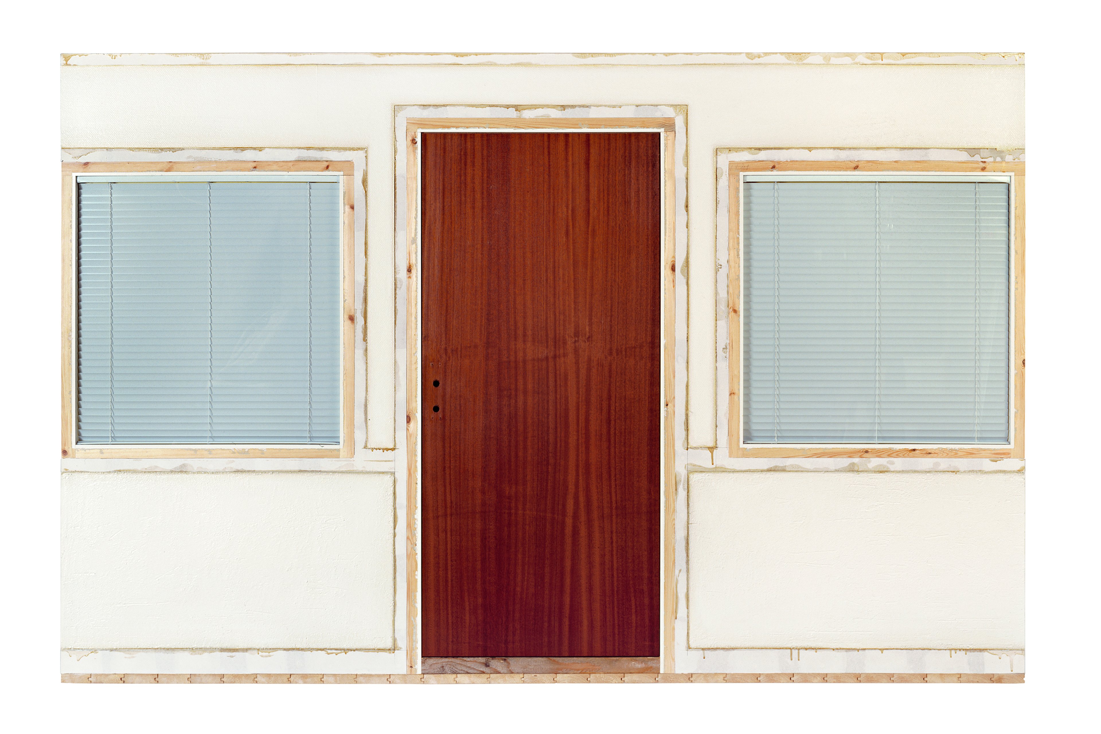 Clay Ketter, Suckerpunch Motel Wall, 2001, Household enamel paint, net wall covering, sand, wallboard compound, hardwood door, glass windows with venetian blinds, pine flooring, gypsum wallboard, steel corner bead on wood frame, 190 x 294 cm