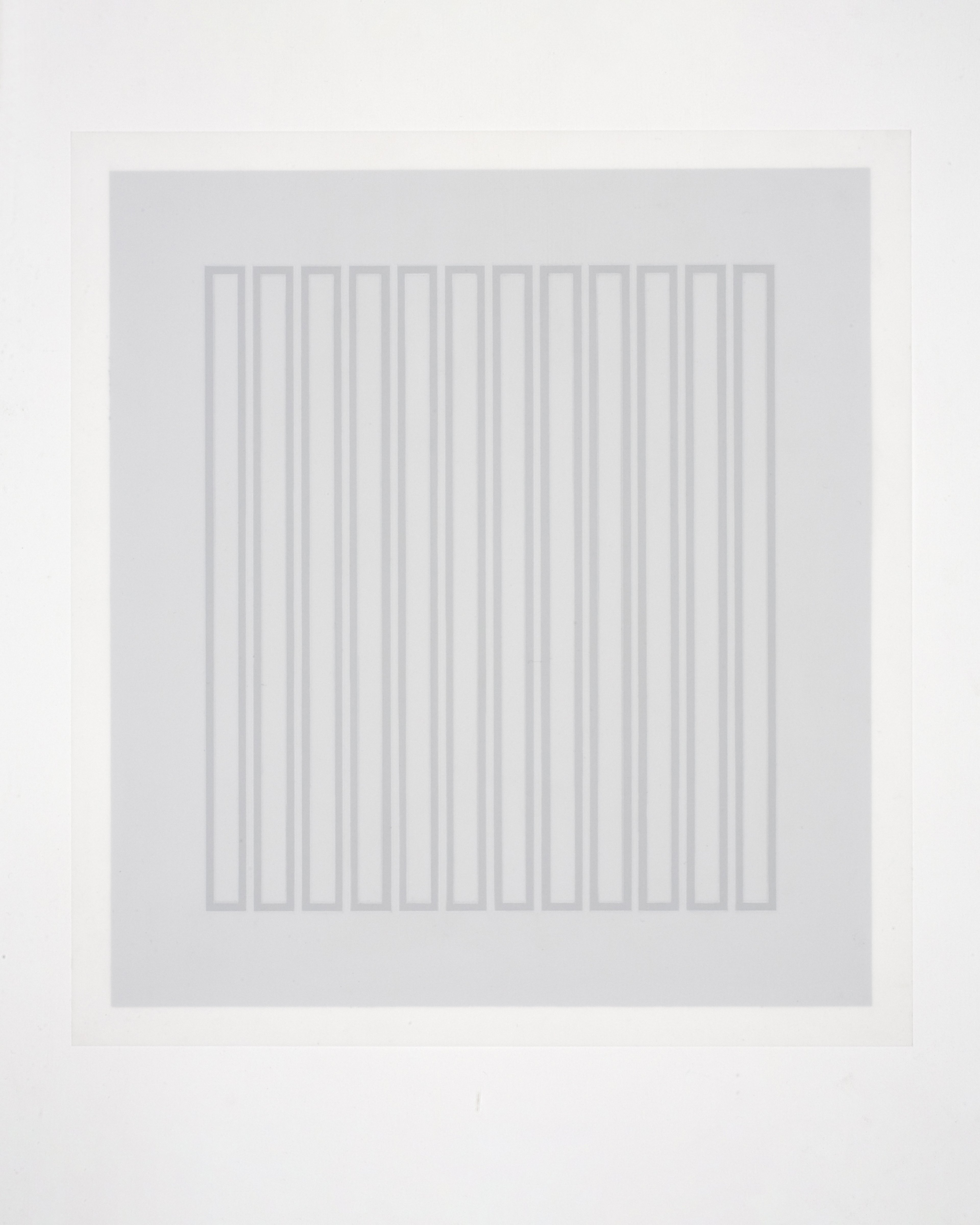 Minimal acrylic and pencil drawing on drafting film featuring twelve evenly spaced vertical rectangular forms in light grey on a pale ground