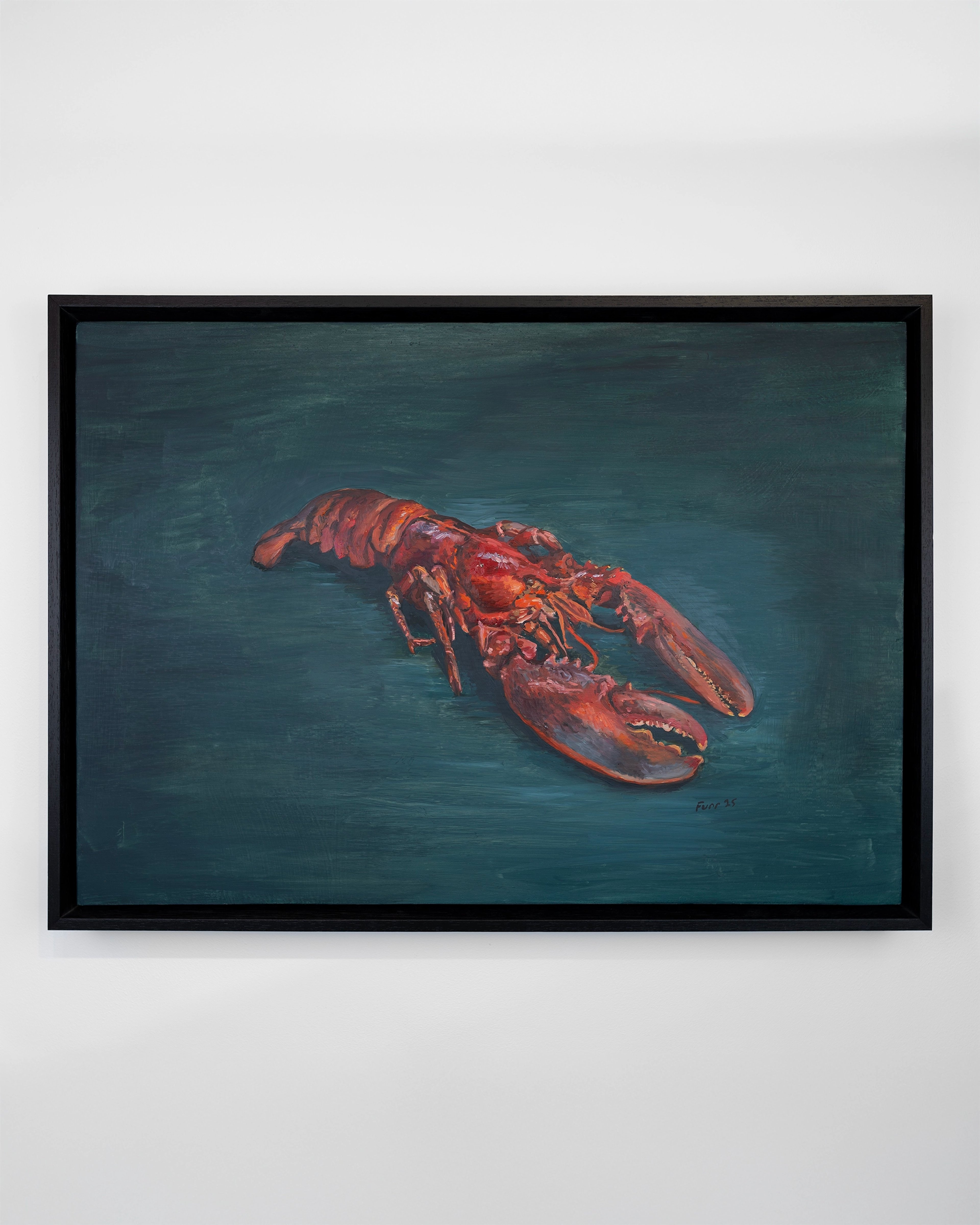 Red lobster rendered in oil paint against a deep teal background, positioned centrally in a black frame