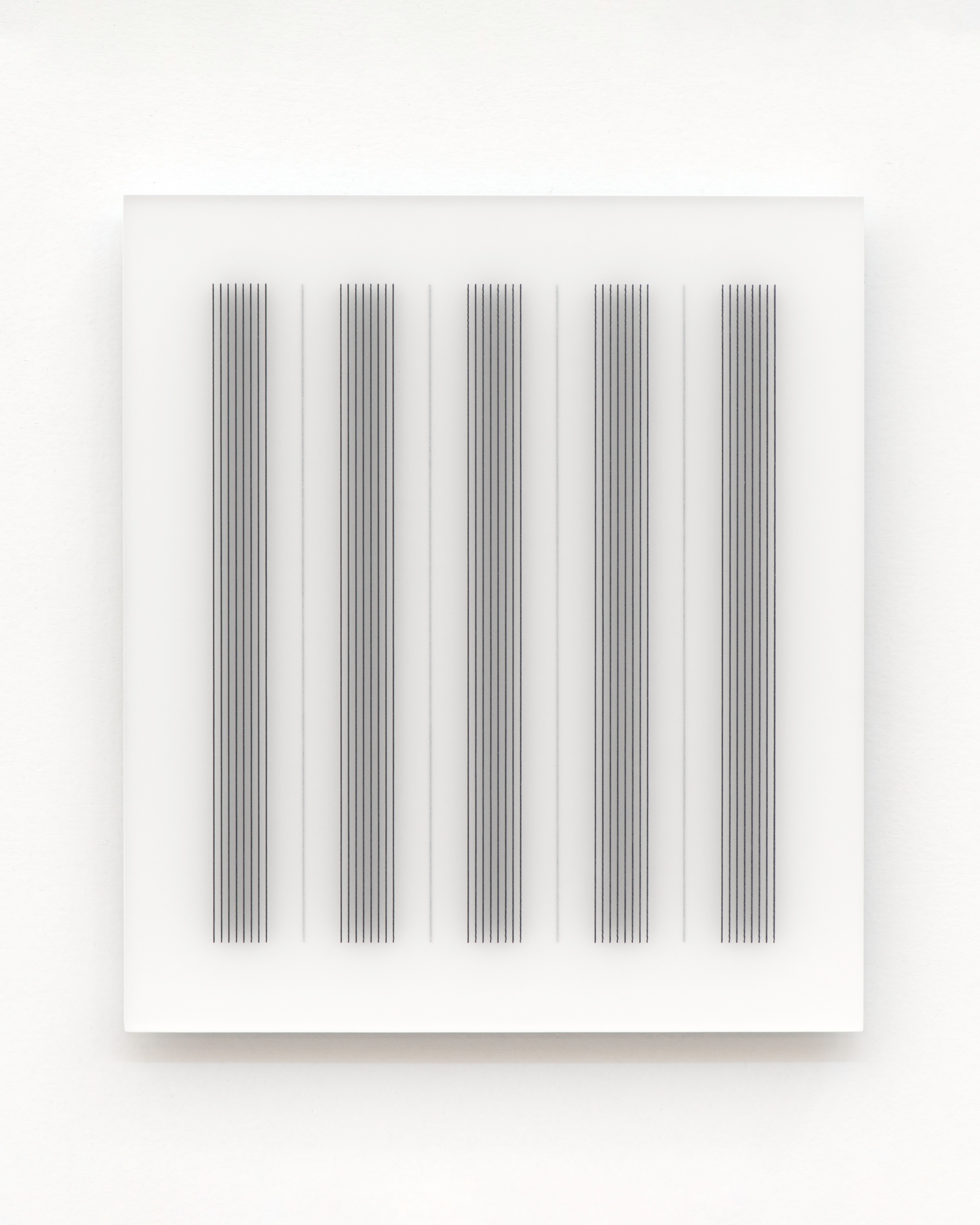 Five vertical columns of thin parallel gray lines on white acrylic panel, evenly spaced across the composition