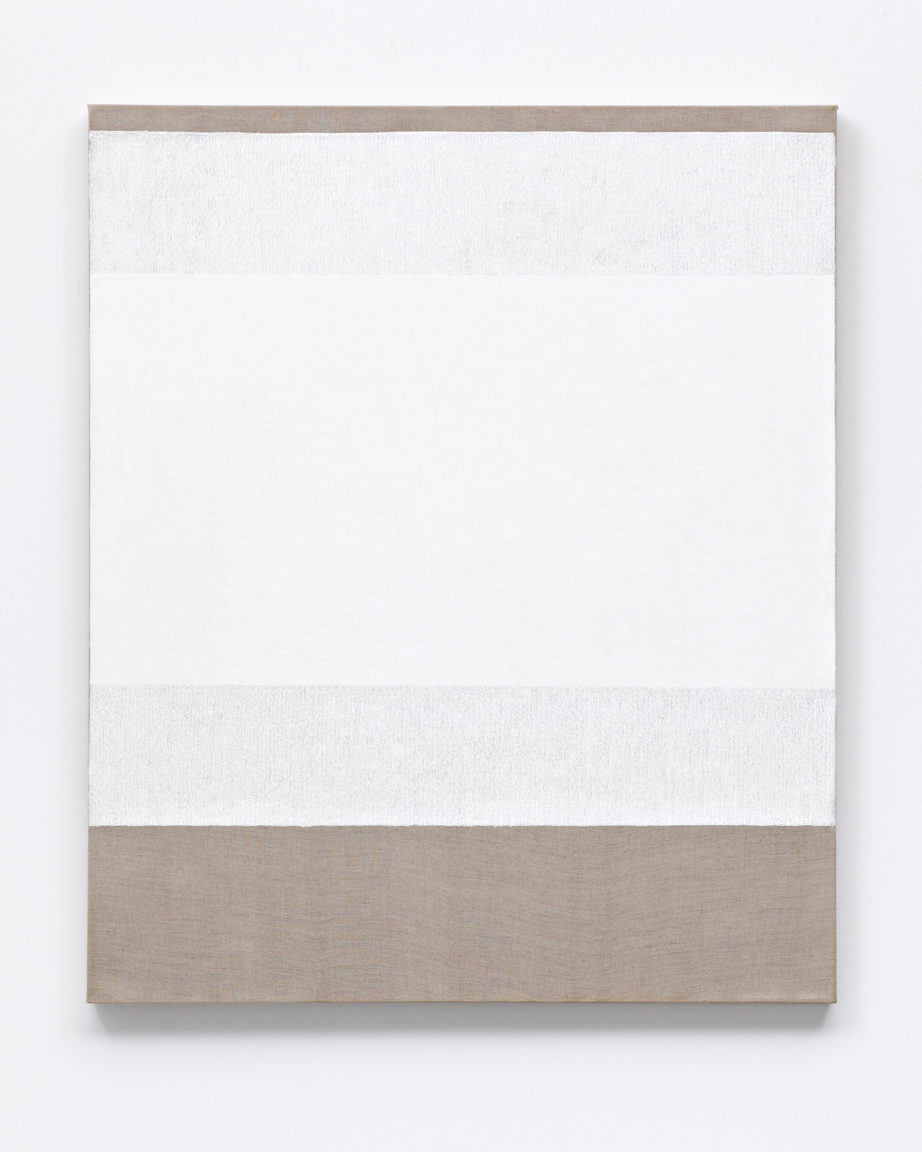 Rectangular linen canvas with horizontal bands of white, light grey, and taupe acrylic paint, bordered by darker taupe strips at top and bottom.