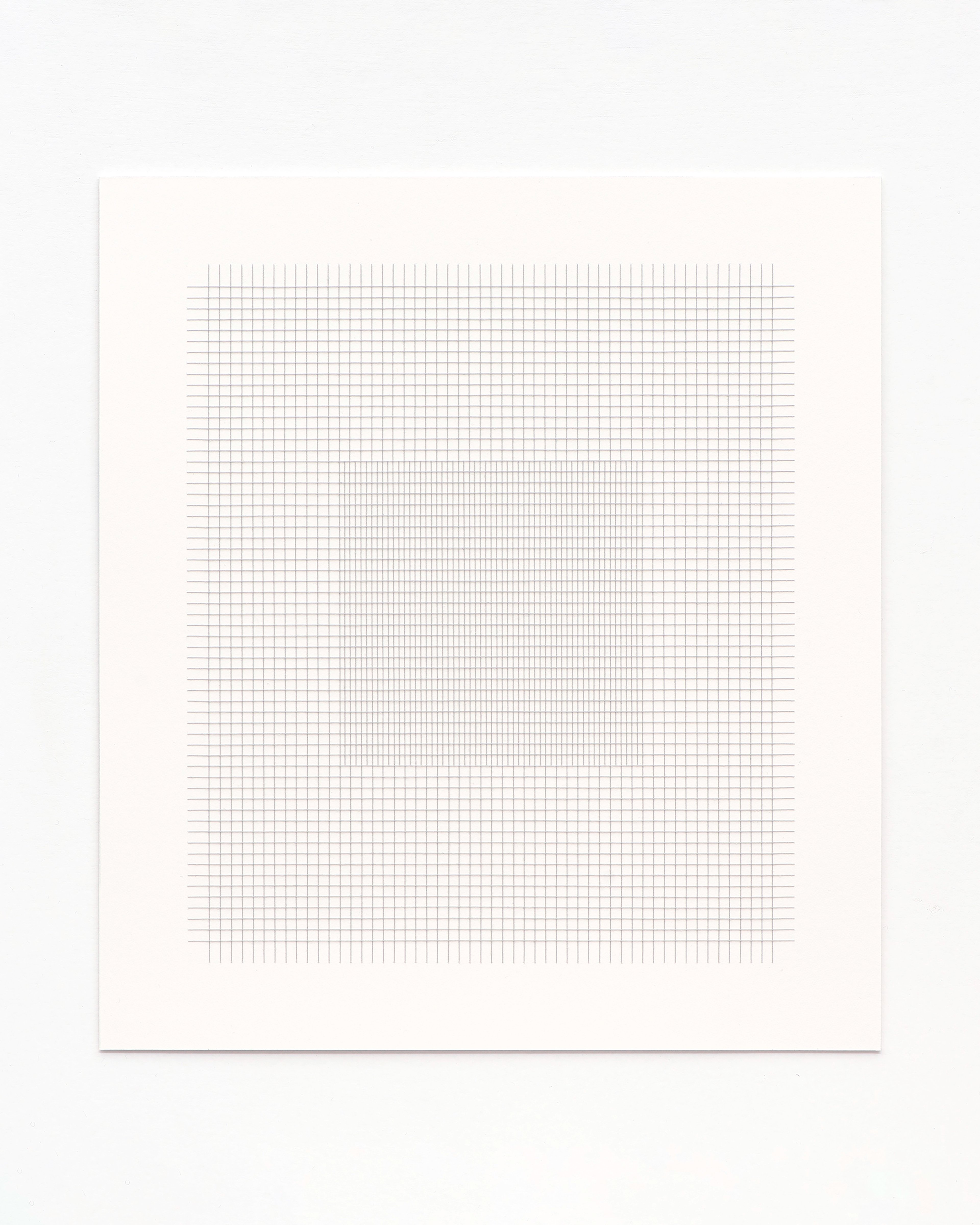 Fine grey gridded lines drawn with thread create a dense, geometric pattern across cream paper, embodying minimalist precision and laborious handwork