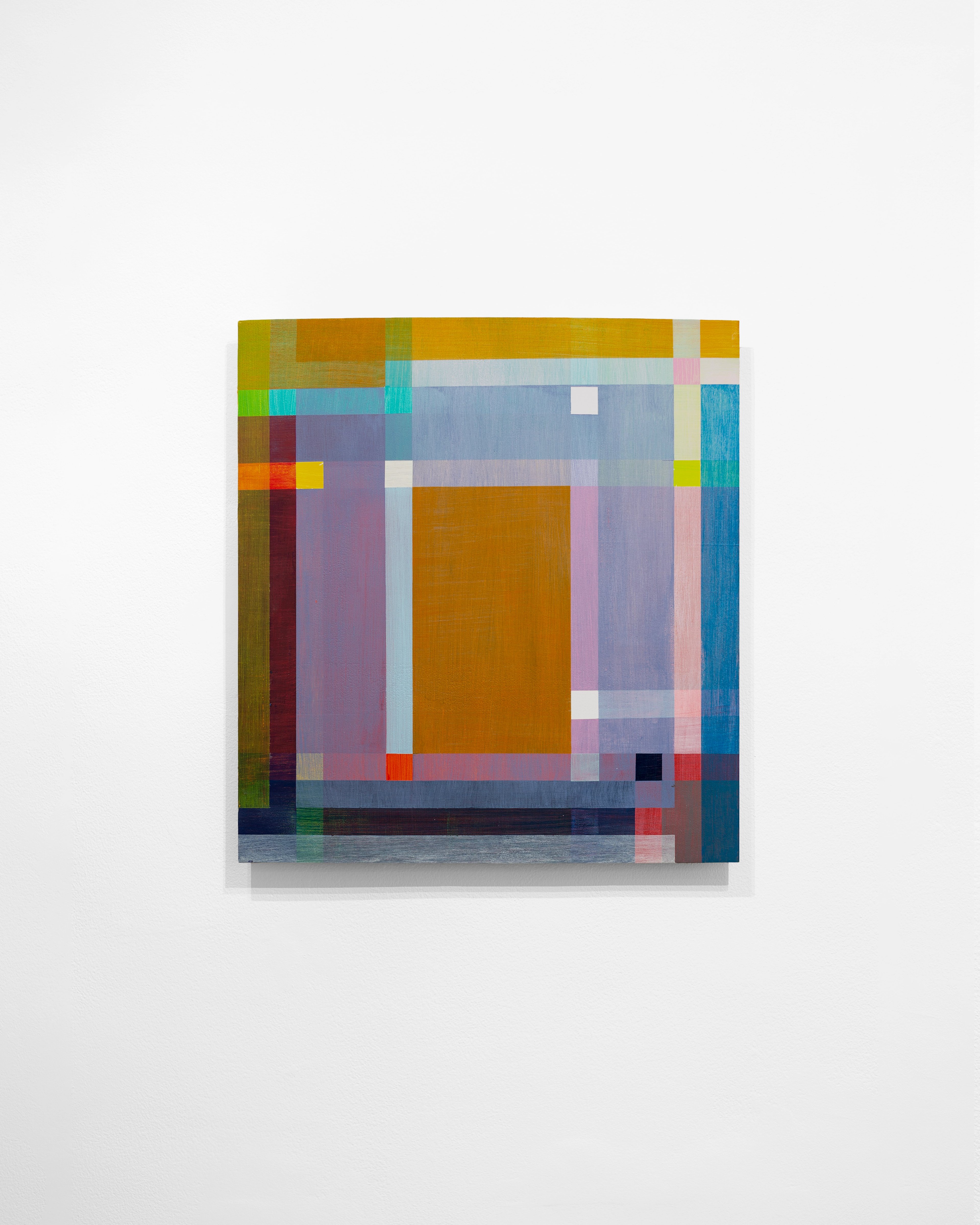 Abstract acrylic composition with overlapping geometric rectangles in ochre, lavender, teal, and pink, creating layered transparent and opaque colour fields…