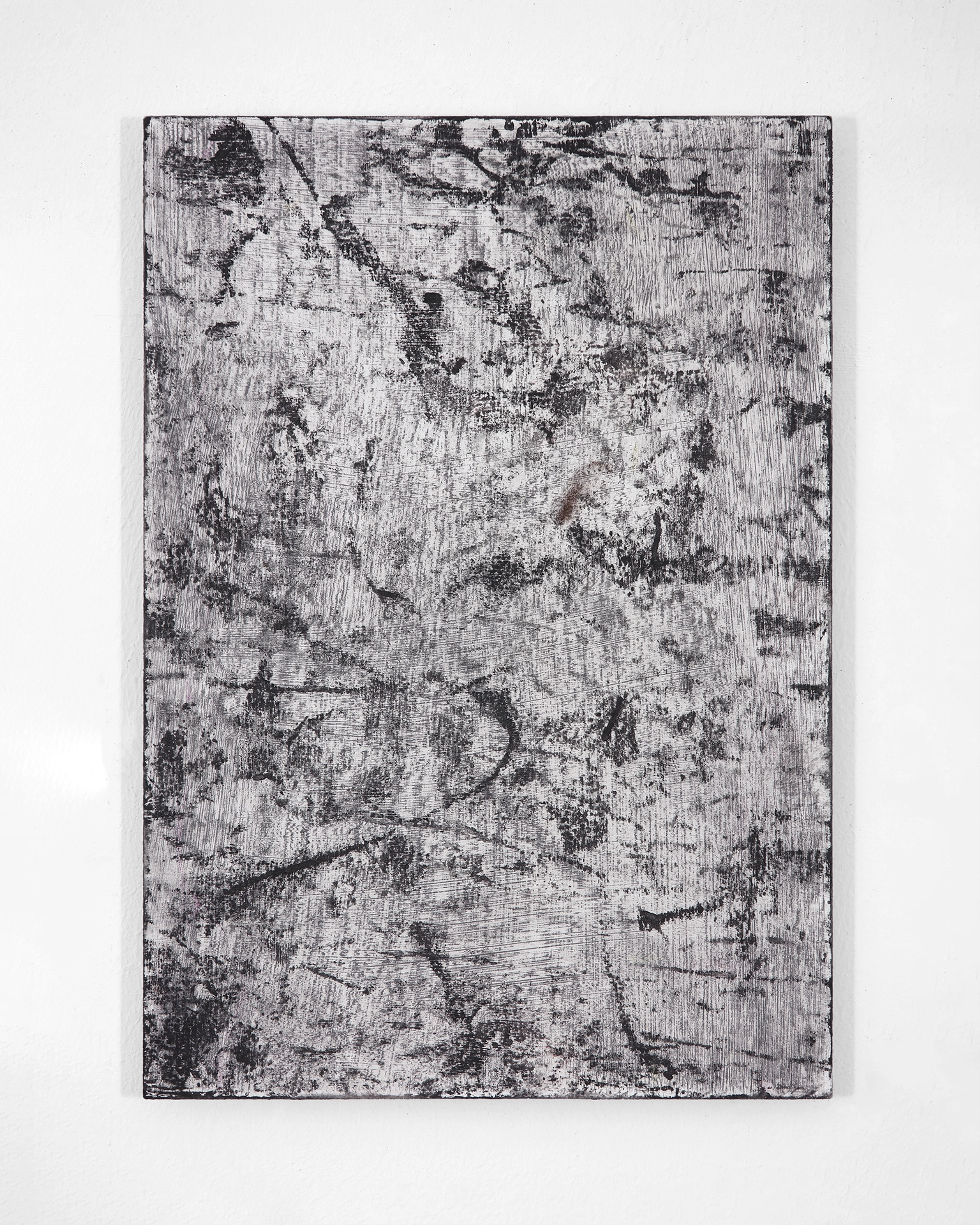Oil-paintstick on aluminum panel with dense gestural marks and weathered surface texture in black and white, creating an abstracted, eroded appearance.