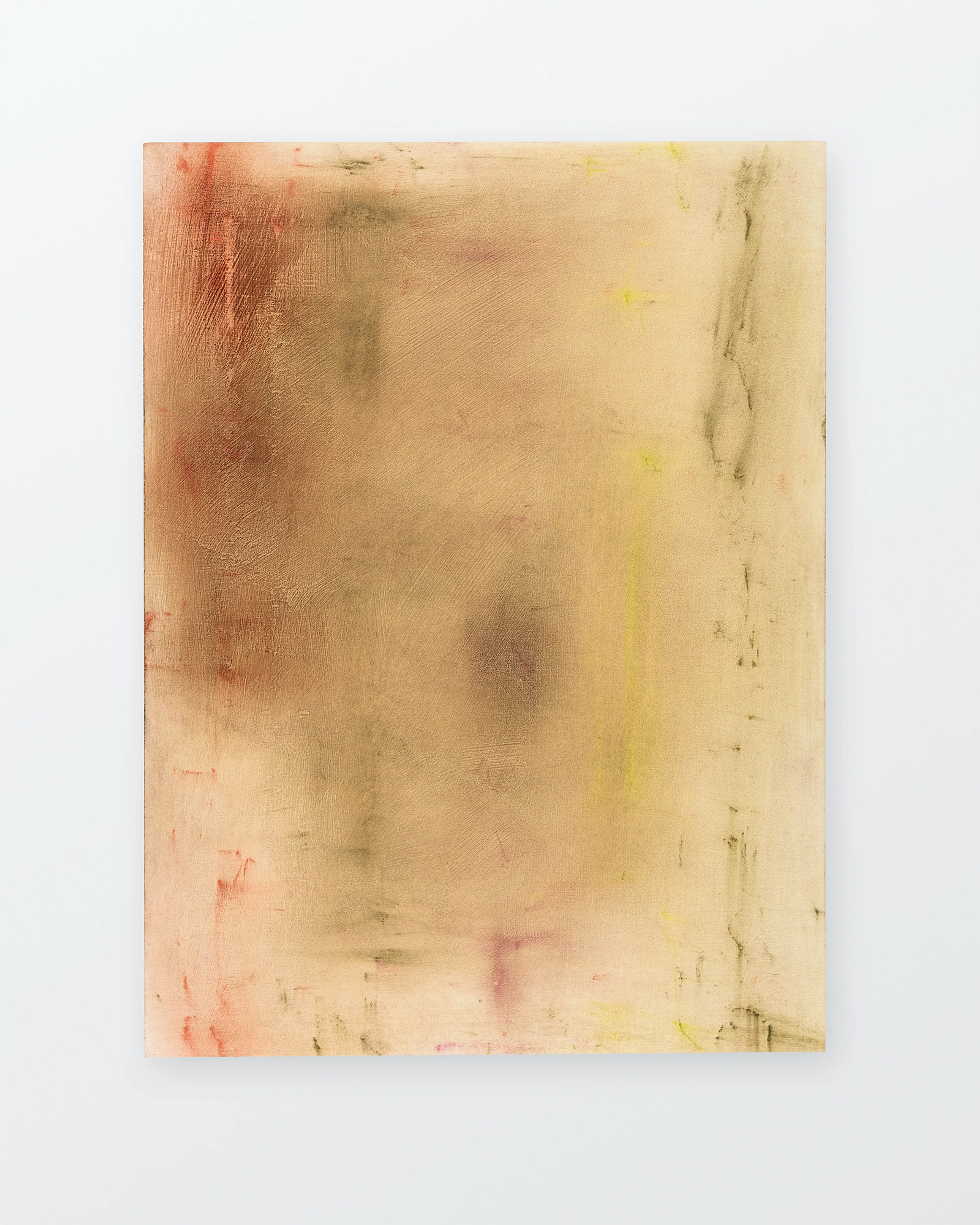 Abstract pastel painting on wood with warm cream and beige tones, accented by soft coral, yellow, and sage marks dispersed across the surface