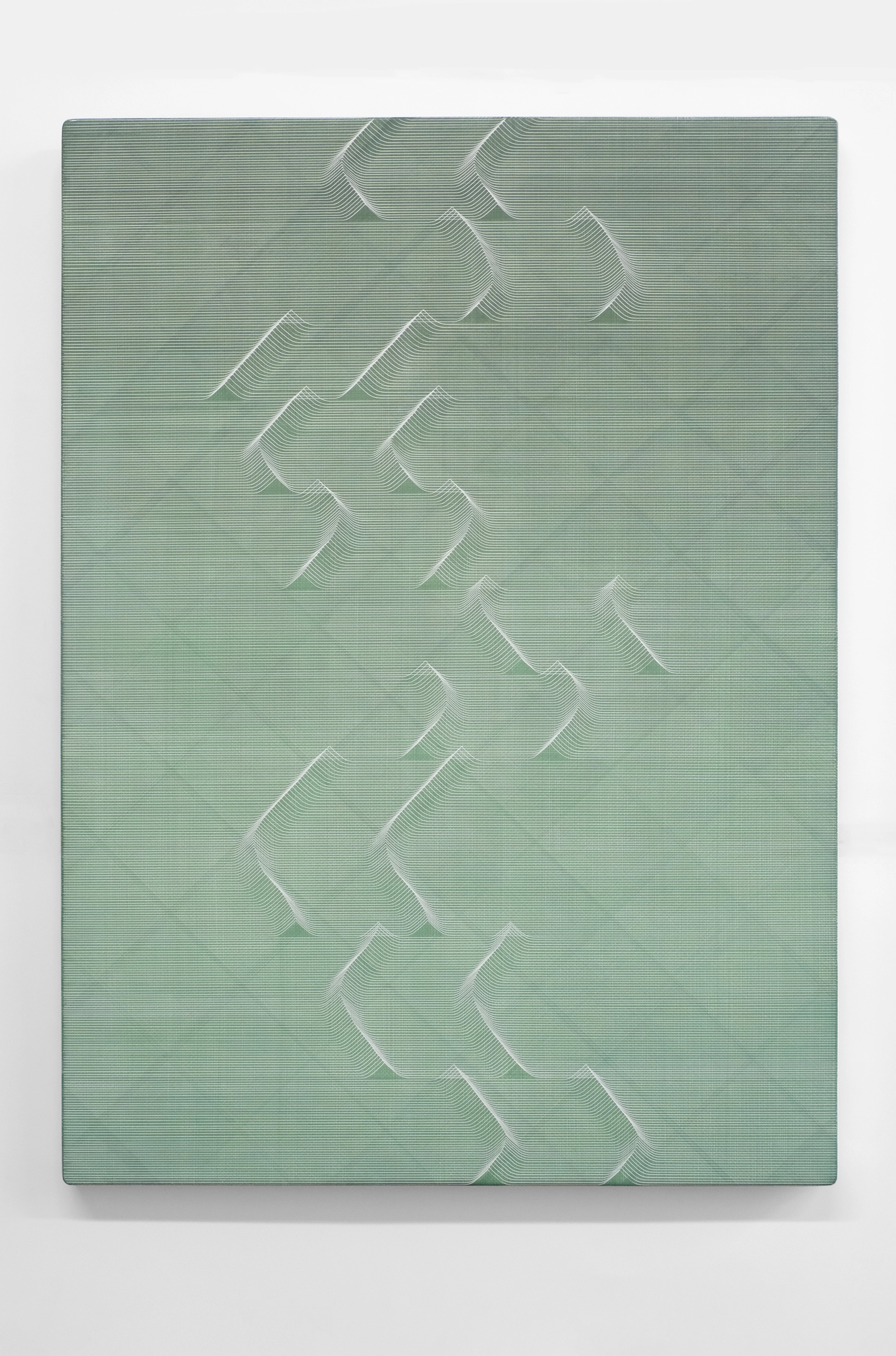 Sage-green gesso panel with incised linear chevron patterns creating subtle relief across the surface, arranged in a cascading diagonal composition