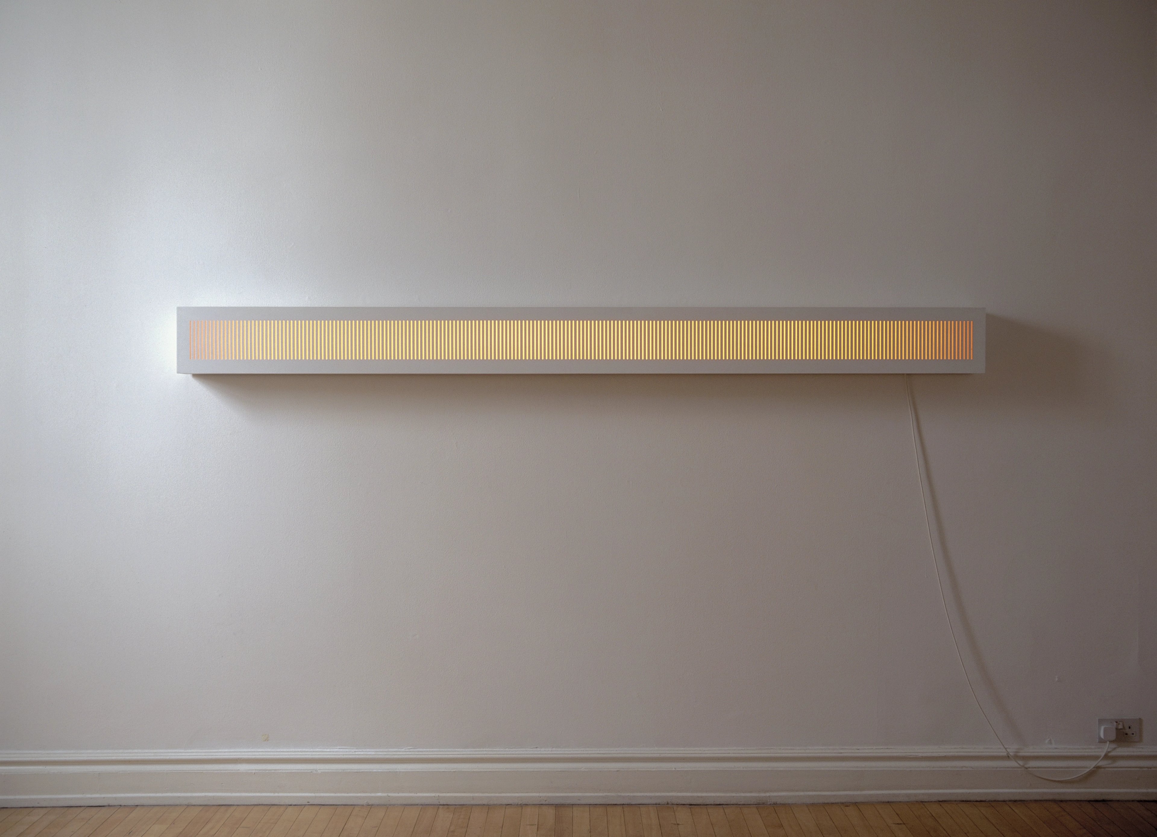 Horizontal white MDF box with vertical ribbed Opal Perspex panel and glowing tungsten tube lights mounted on gallery wall with trailing cable and dimmer swit…