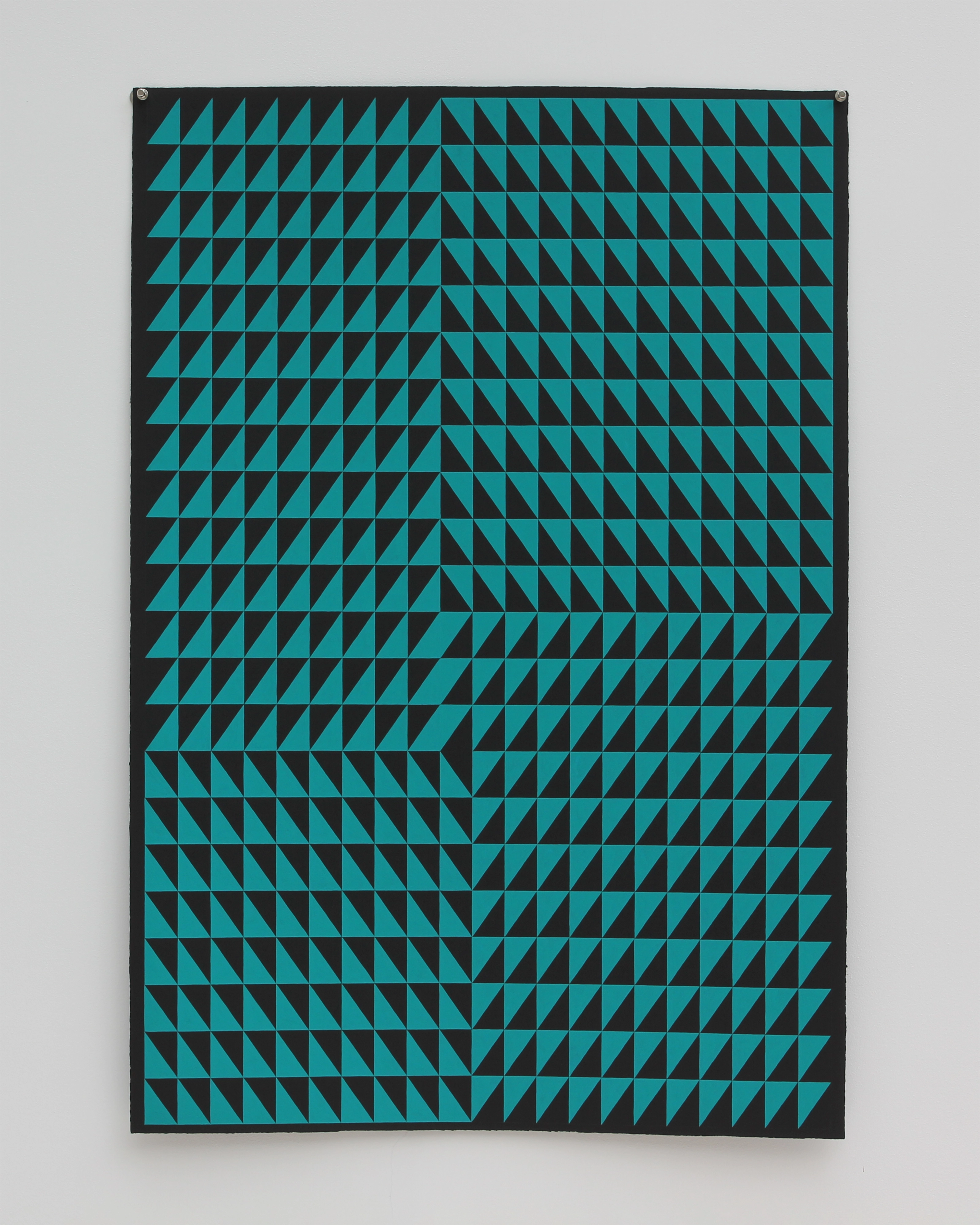 Black panel with turquoise and dark triangular forms creating geometric optical patterns that shift directionally across the composition.