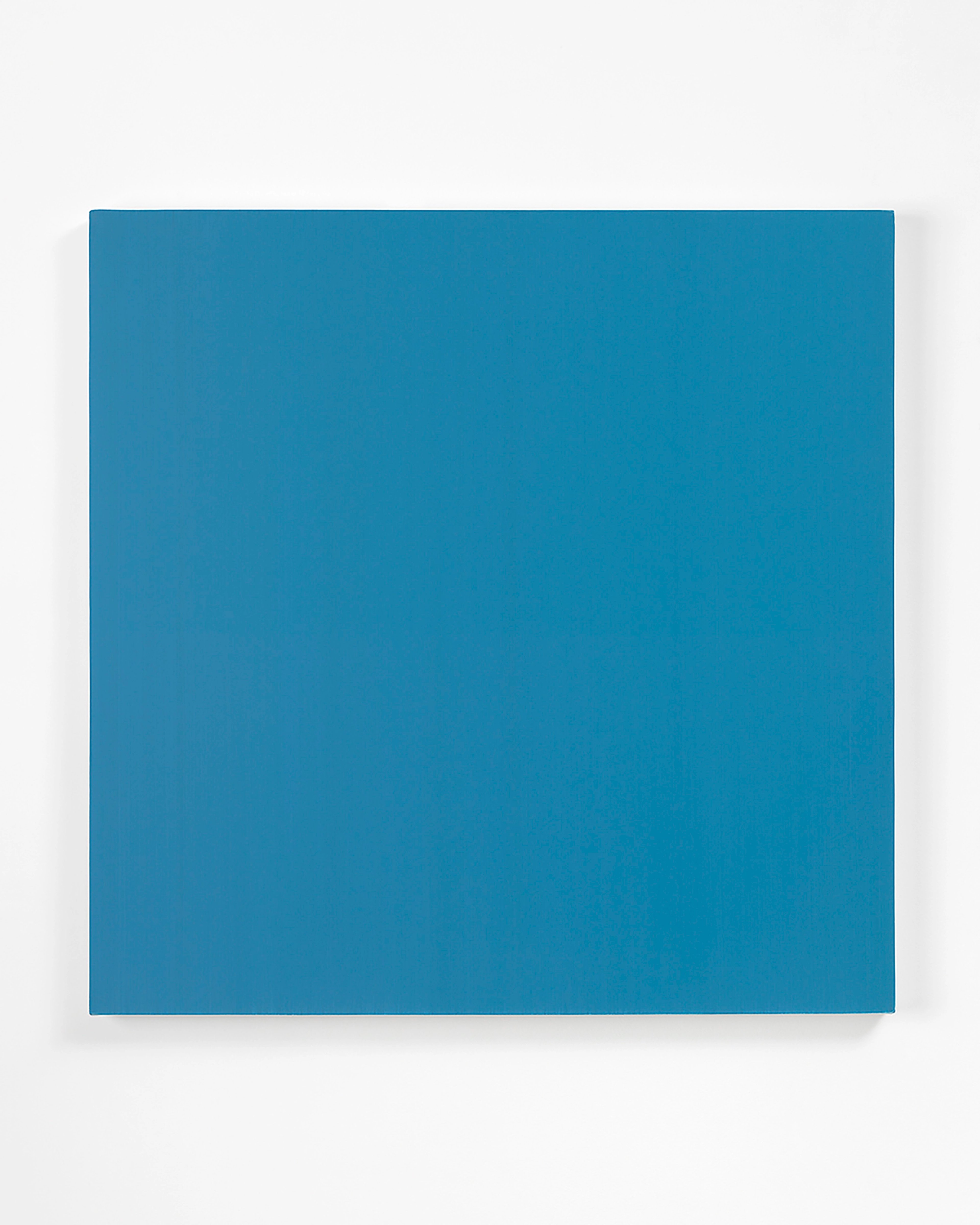 Large teal-blue oil painting on canvas with subtle gradations, mounted on light background