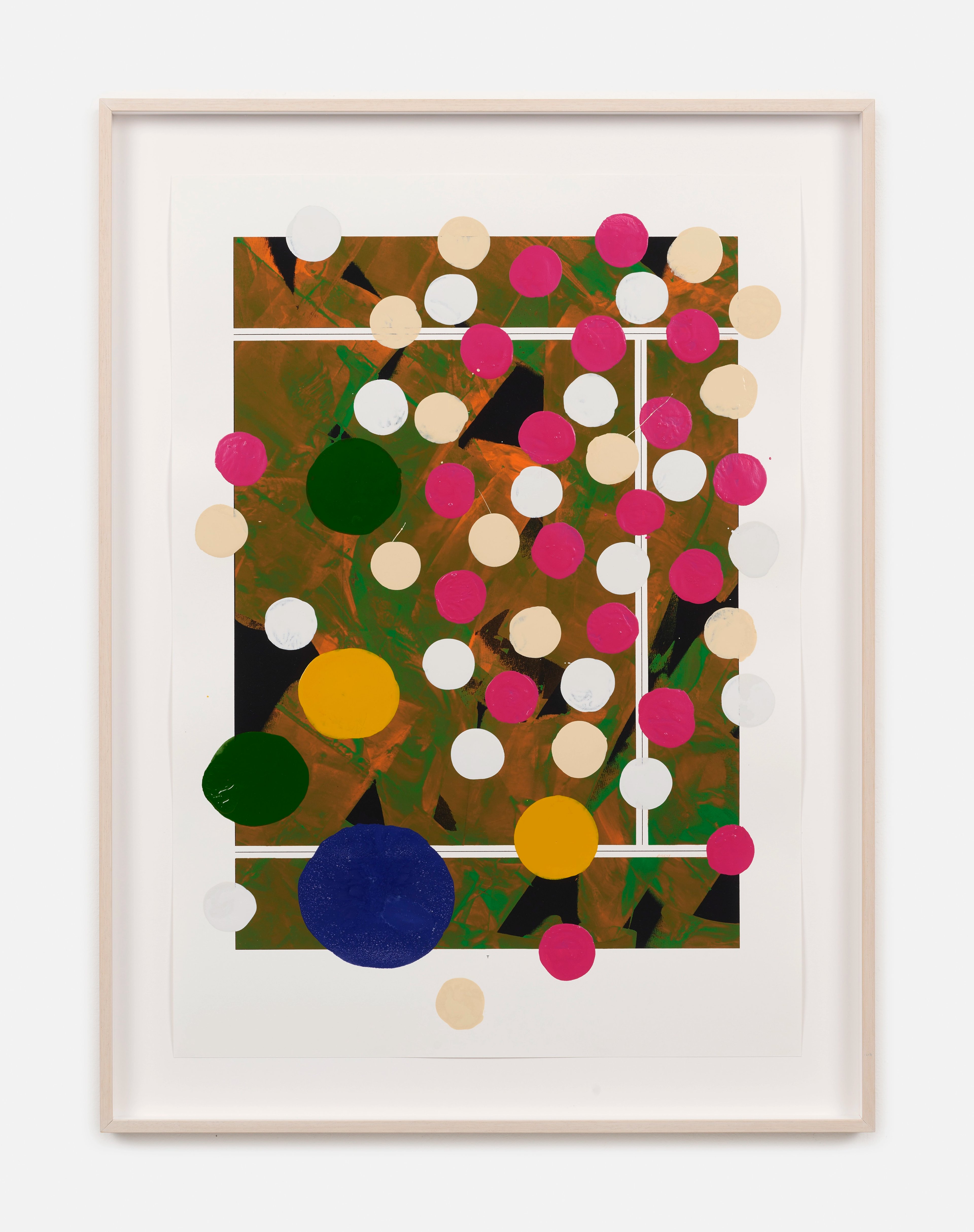 Layered abstract composition with vibrant magenta, cream, white, navy and yellow circles overlaying an earthy brown and green printed background with geometr…