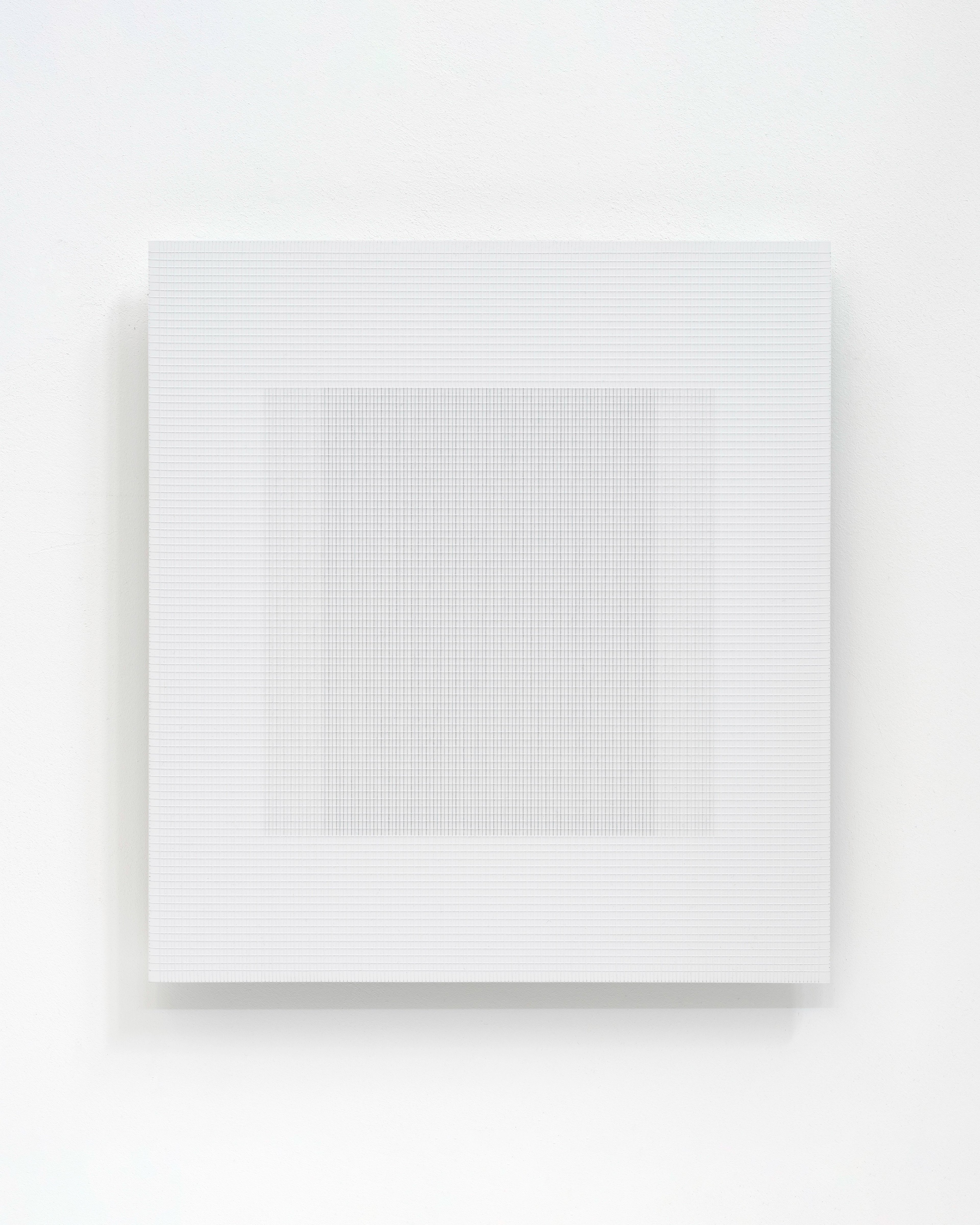 White and pale grey minimalist composition with layered linear patterns created through thread and acrylic paint on aluminium, featuring a central rectangula…