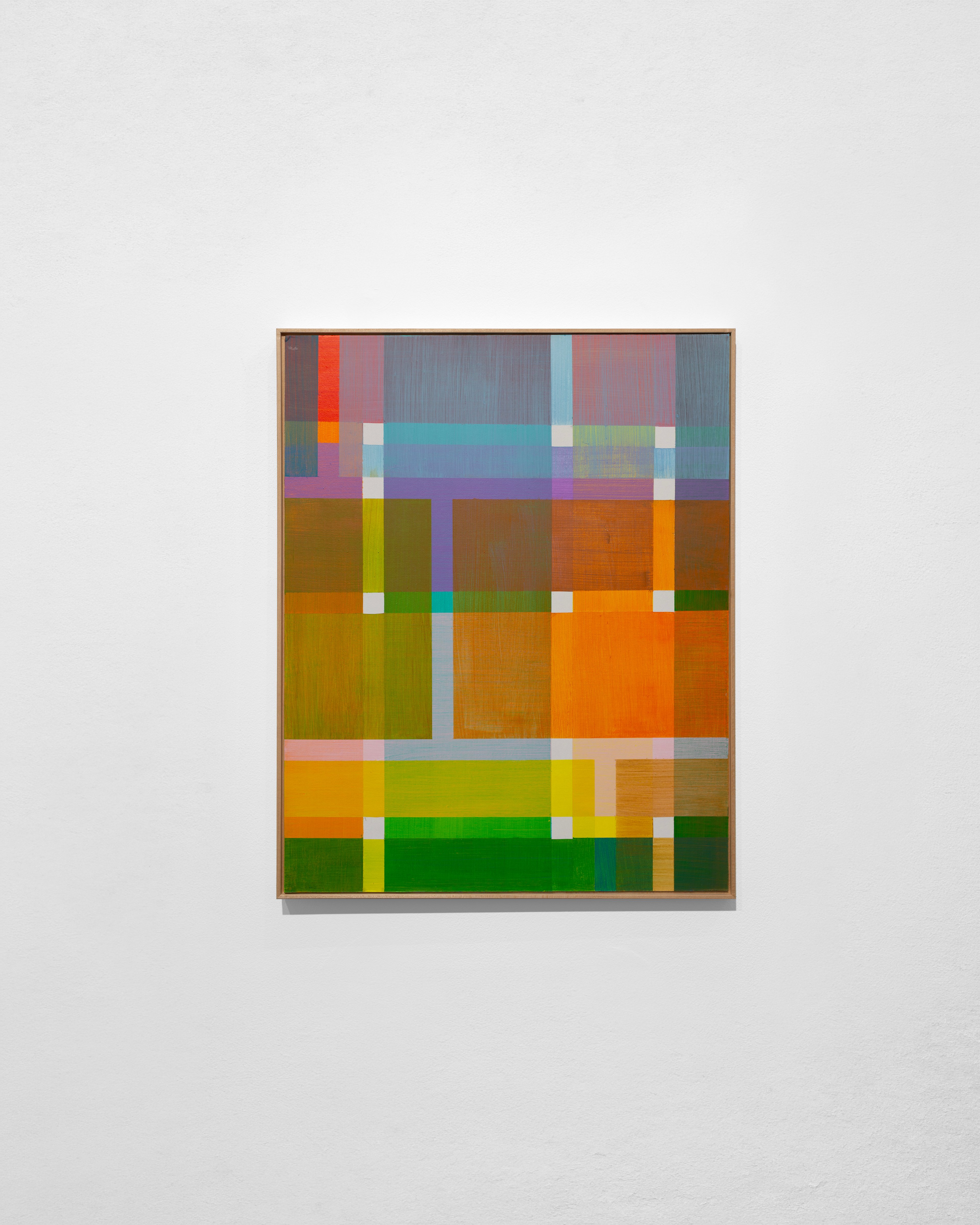 Abstract acrylic painting on wood panel with overlapping rectangles and horizontal bands in vibrant colours—orange, green, yellow, blue, purple, and red—inte…