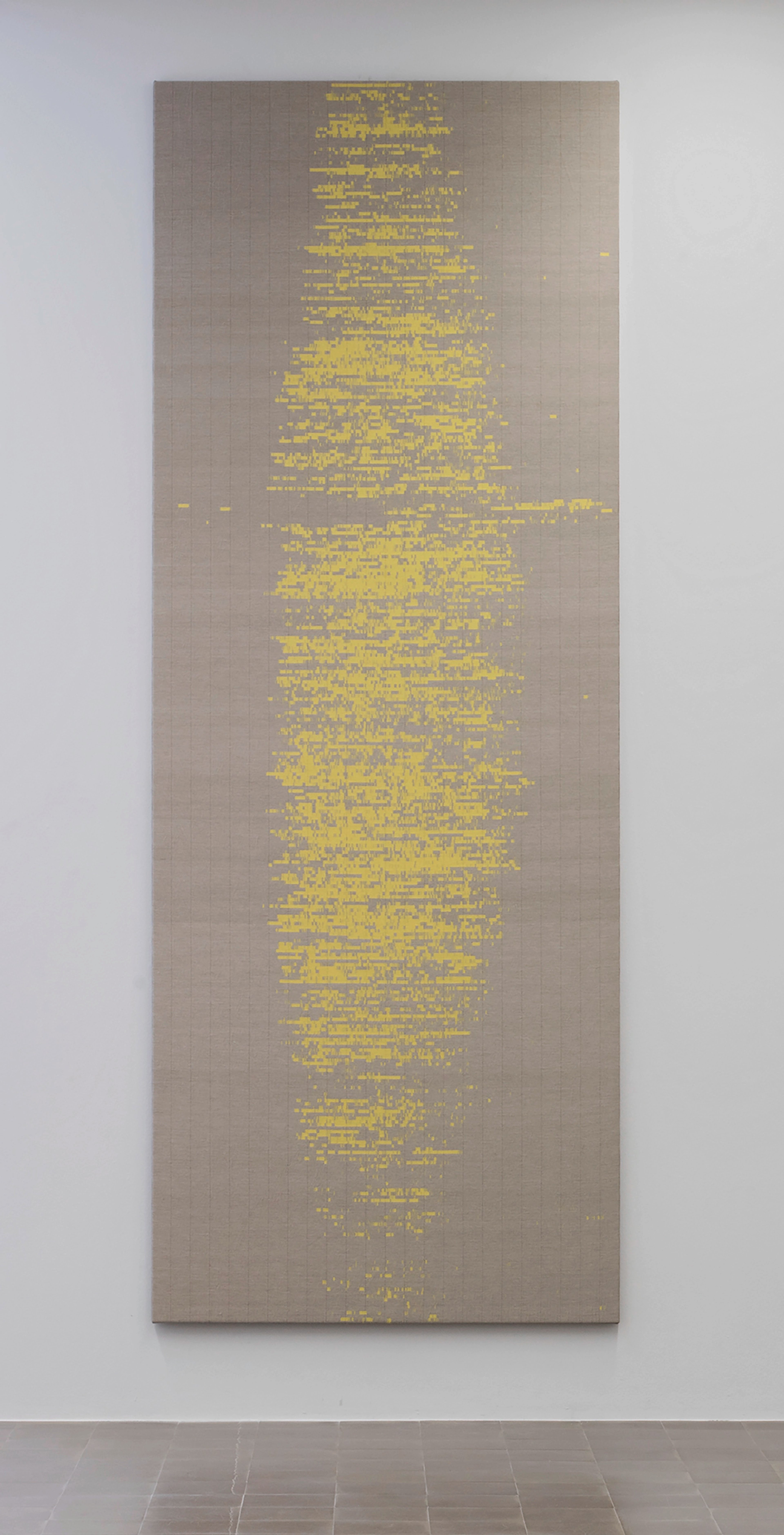 Tall vertical tapestry woven in linen with golden-yellow binary code and pixelated patterns against a neutral beige ground, creating an abstract digital land…