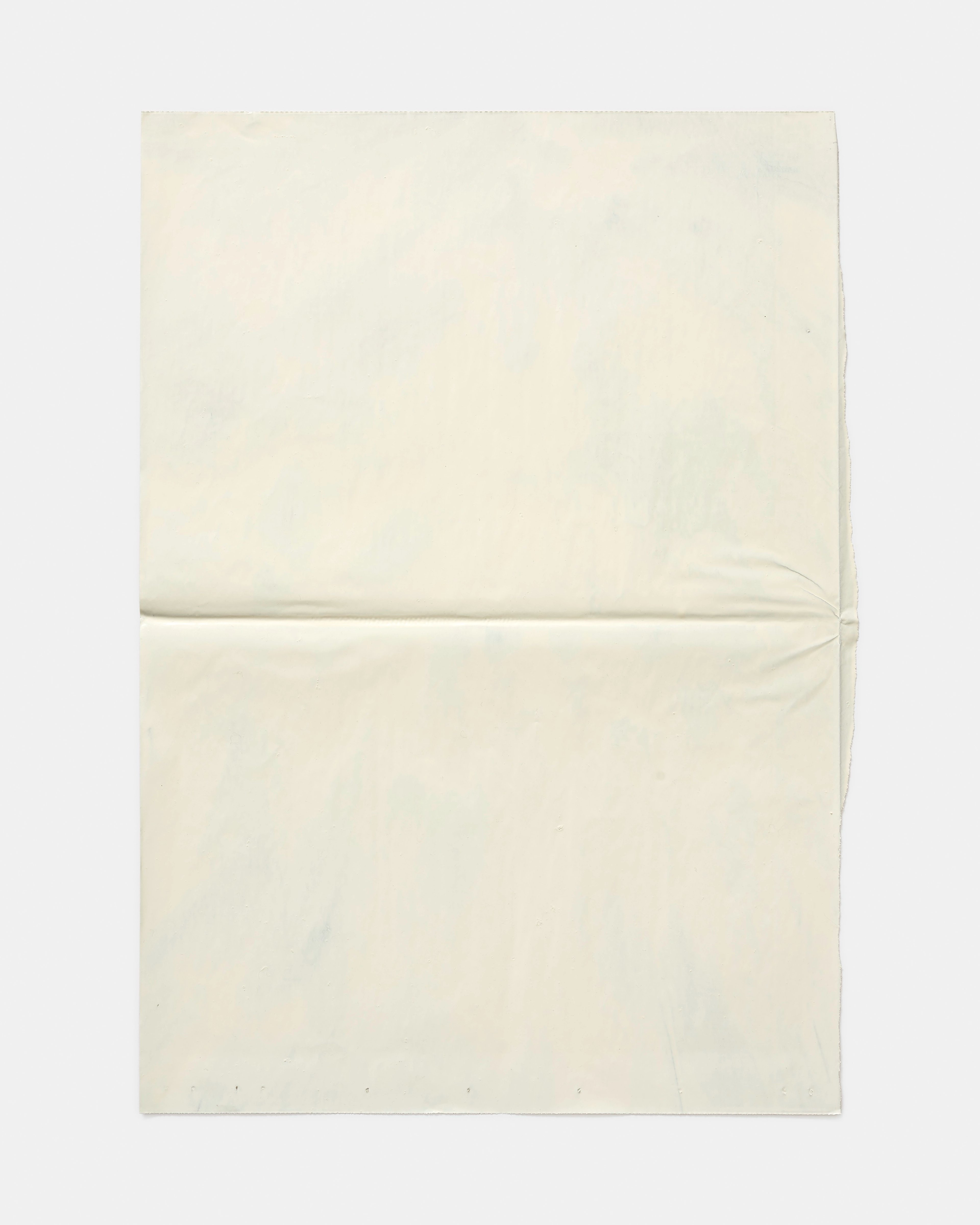 Cream-coloured acrylic paint covers two sheets of newsprint joined horizontally by a visible fold, creating an austere monochromatic composition
