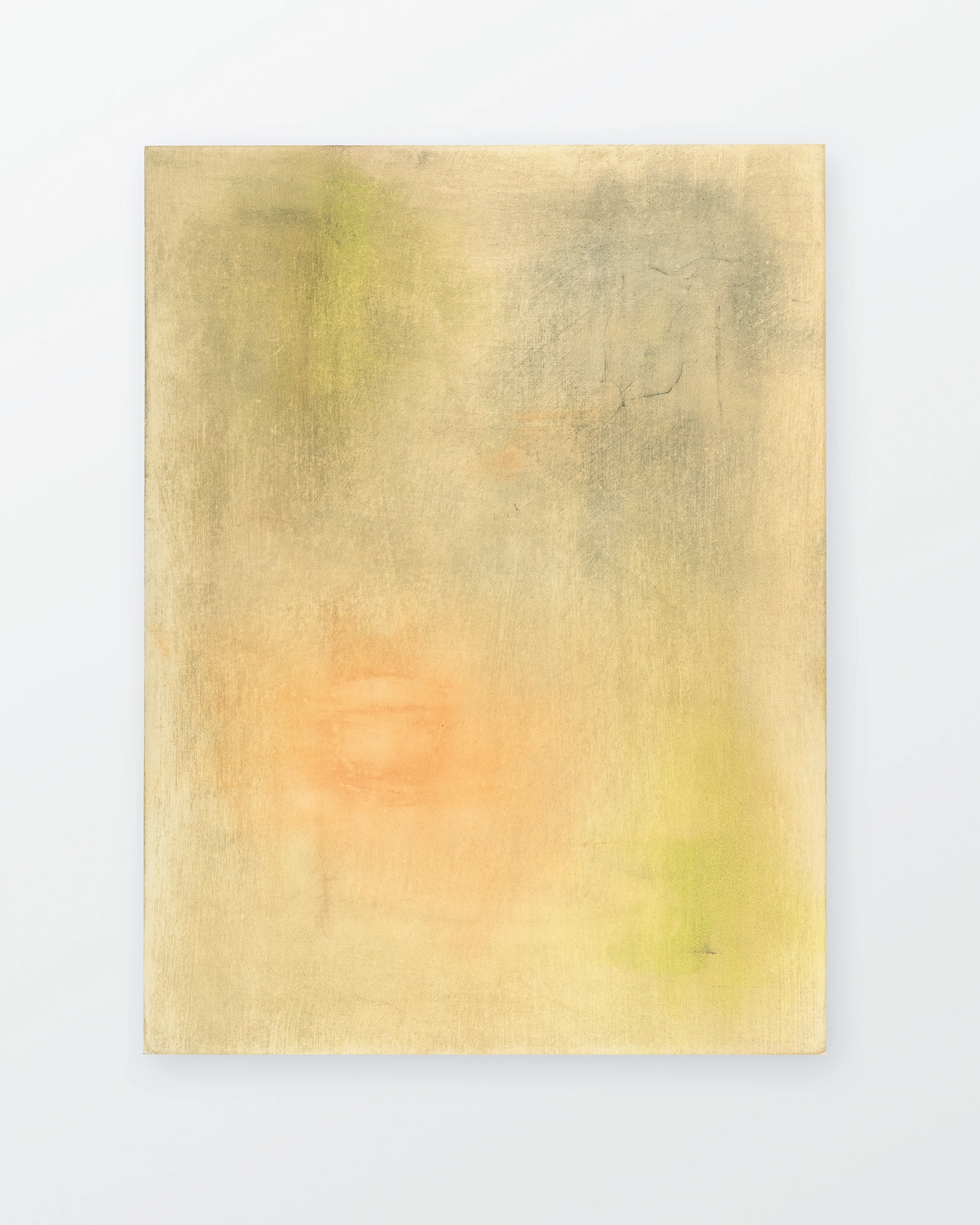Soft pastel painting on wood panel in muted yellows, greens, and warm peachy tones, with delicate horizontal striations and subtle gestural marks creating an…
