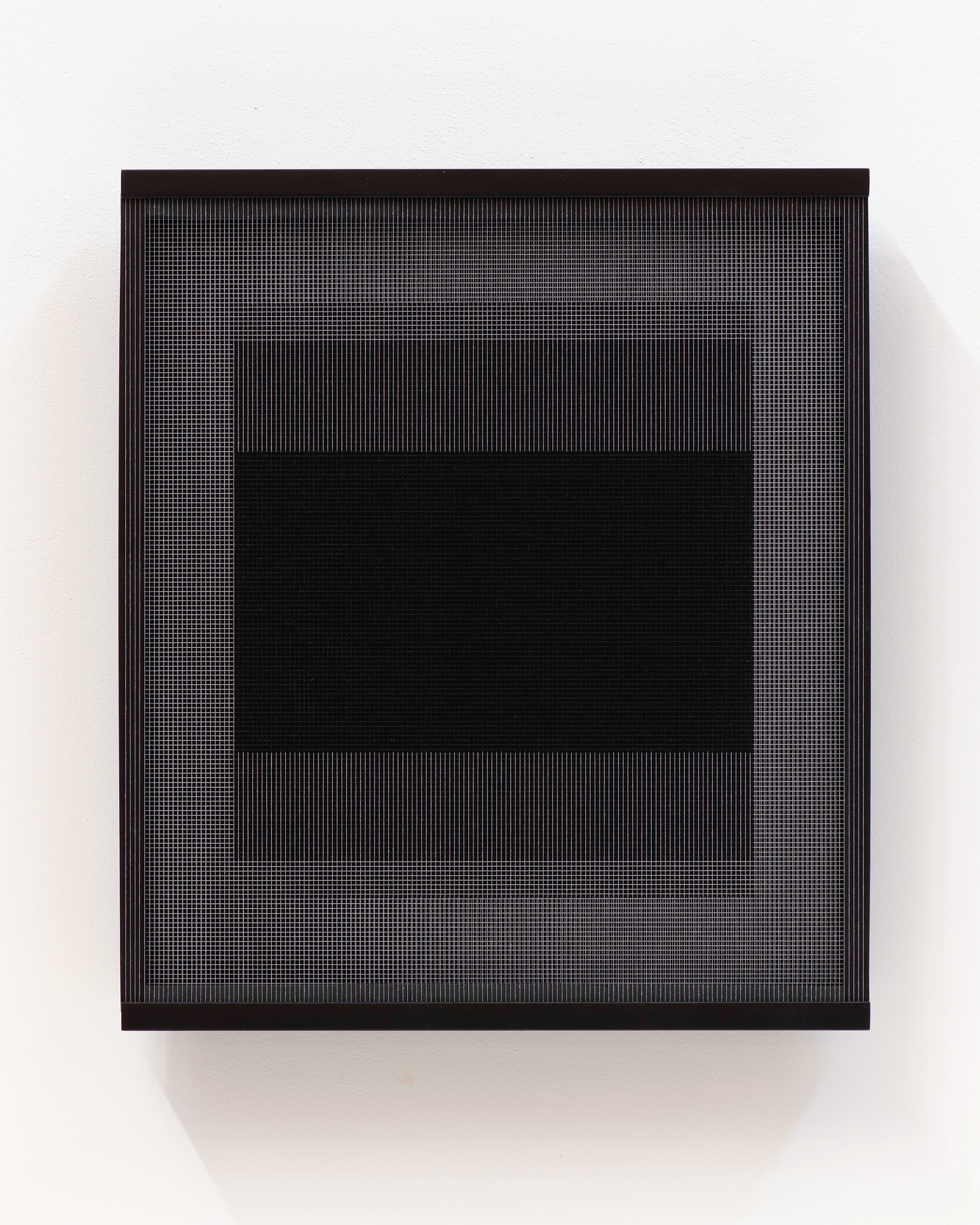 Black thread and acrylic paint on Dibond panel creating concentric rectangular patterns with a solid black center rectangle surrounded by fine linear grid te…