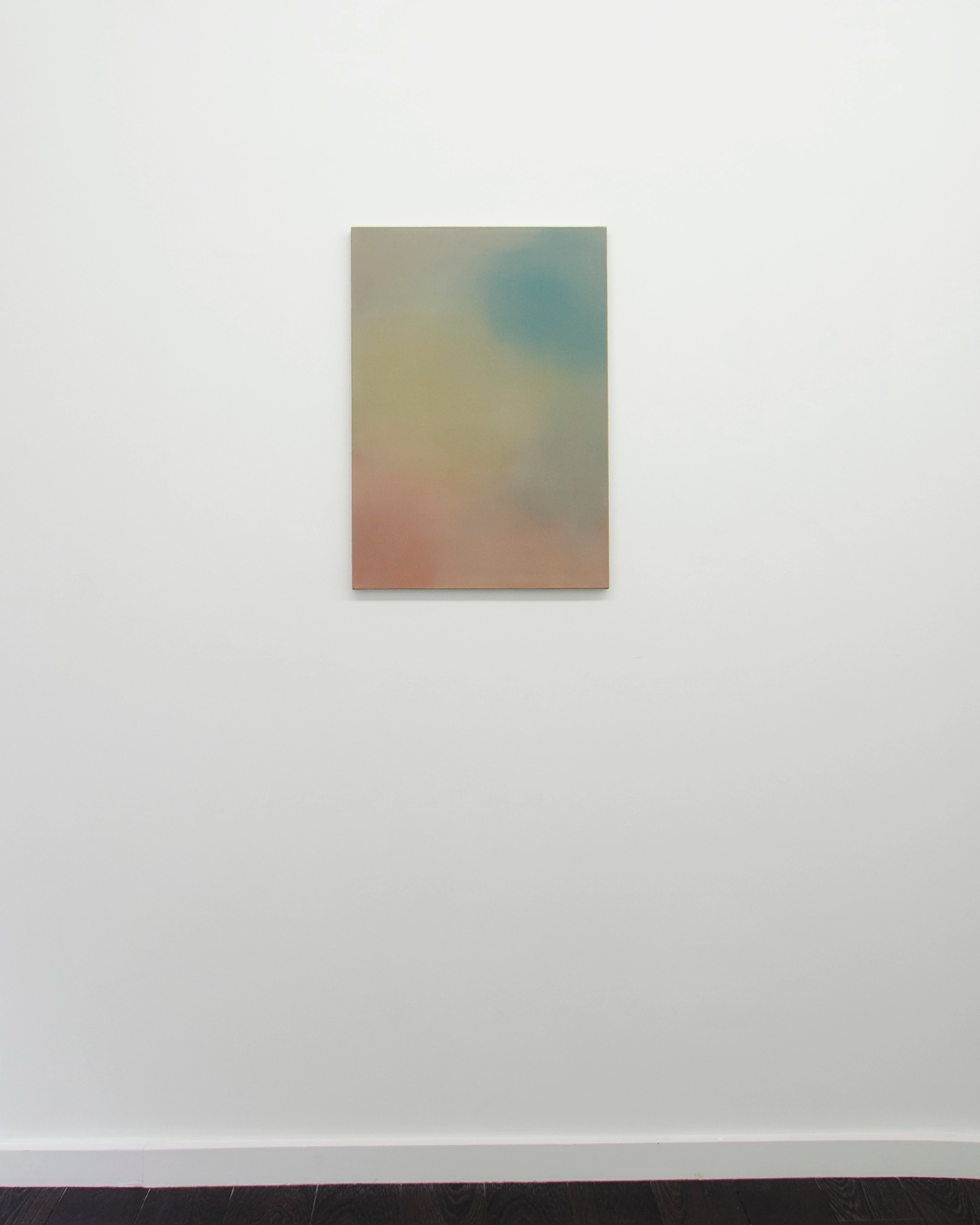 Oil on linen painting with soft, blurred gradations of pale yellow, dusty rose, and blue-grey tones creating an atmospheric, landscape-like composition