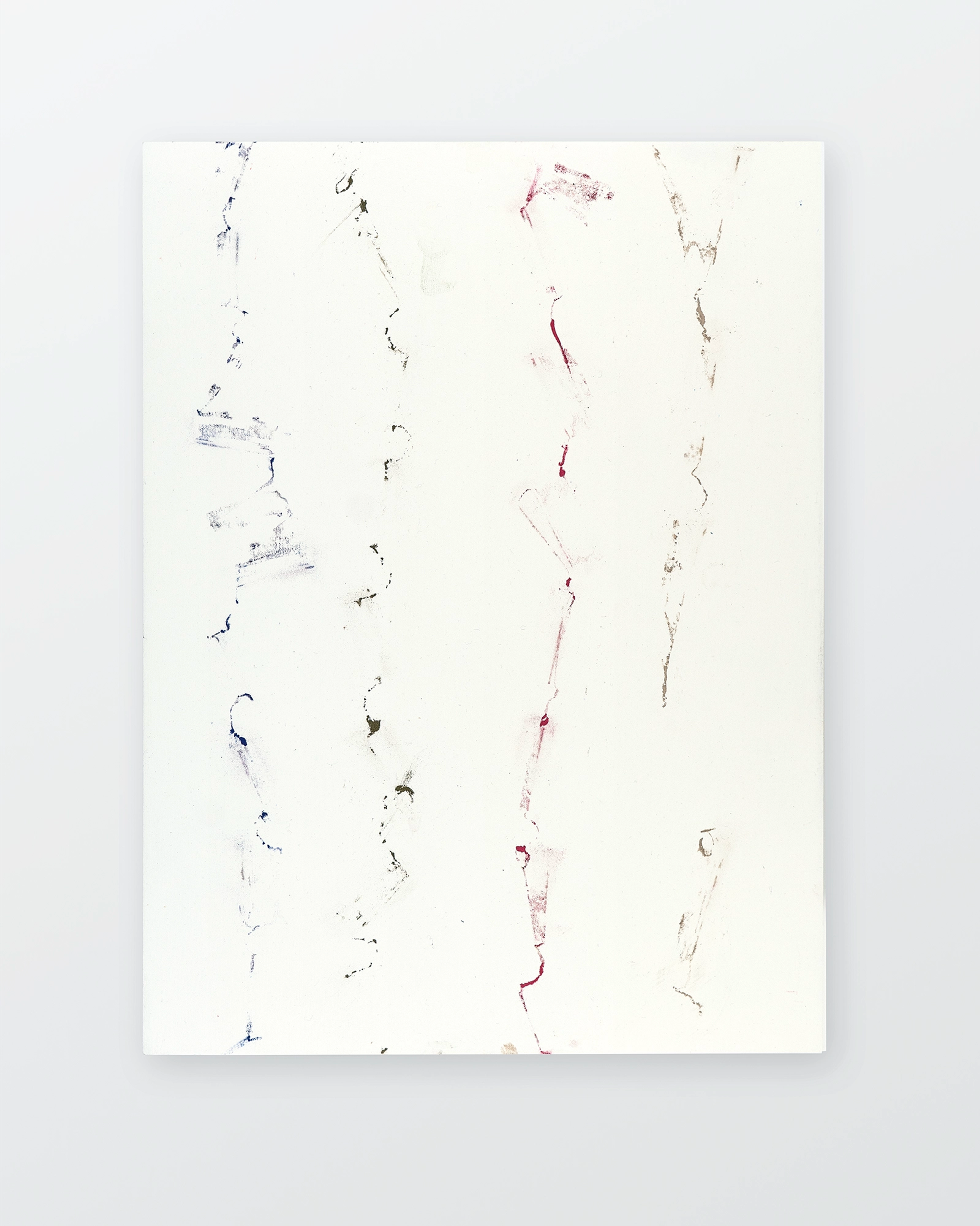 Vertical columns of delicate pastel marks in blue, red, and beige on cream wood panel, creating an abstract linear composition with gestural, scattered strokes
