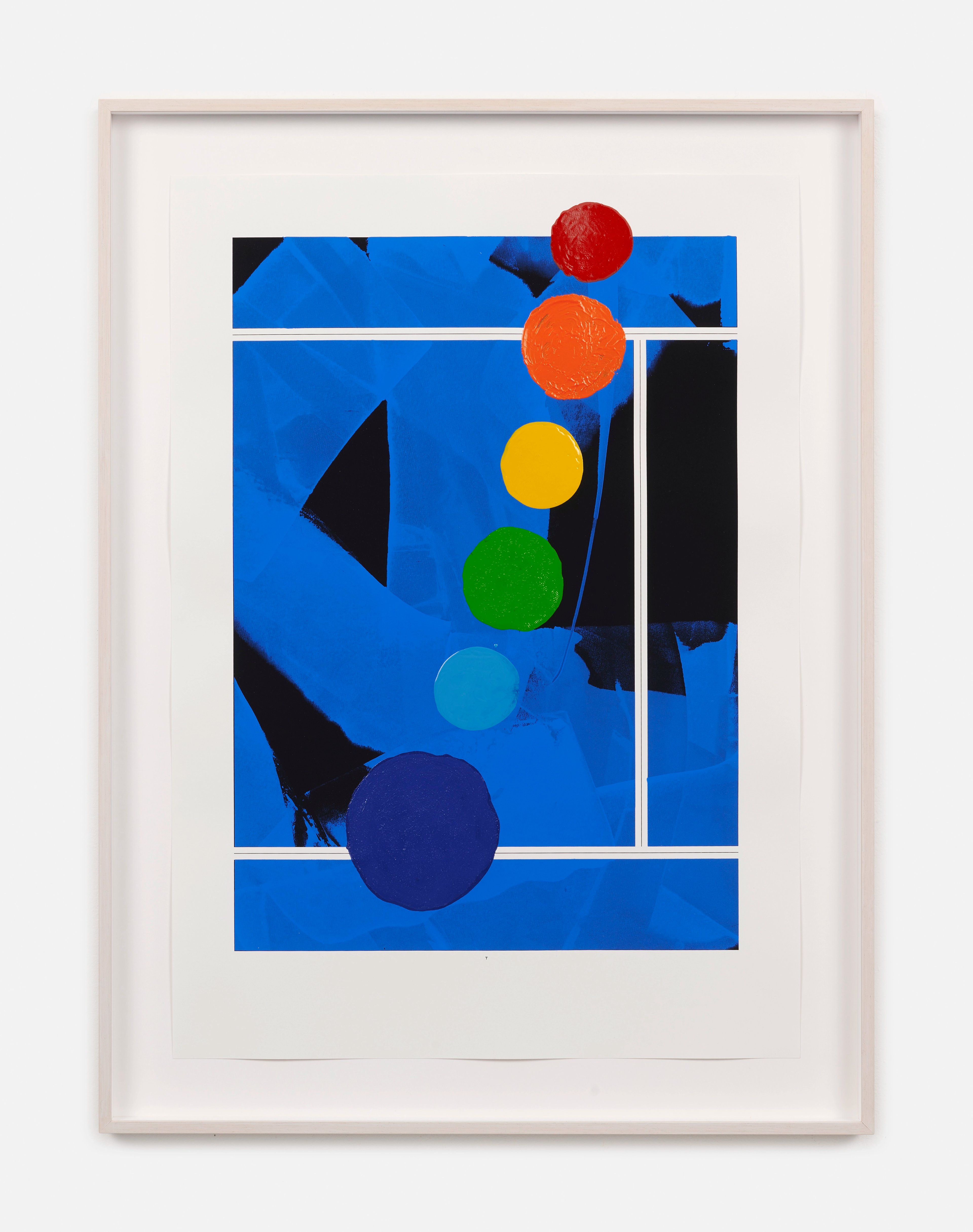 Geometric abstract composition with vibrant blue background, black angular shapes, white grid lines, and a vertical sequence of six colored circles in red, o…
