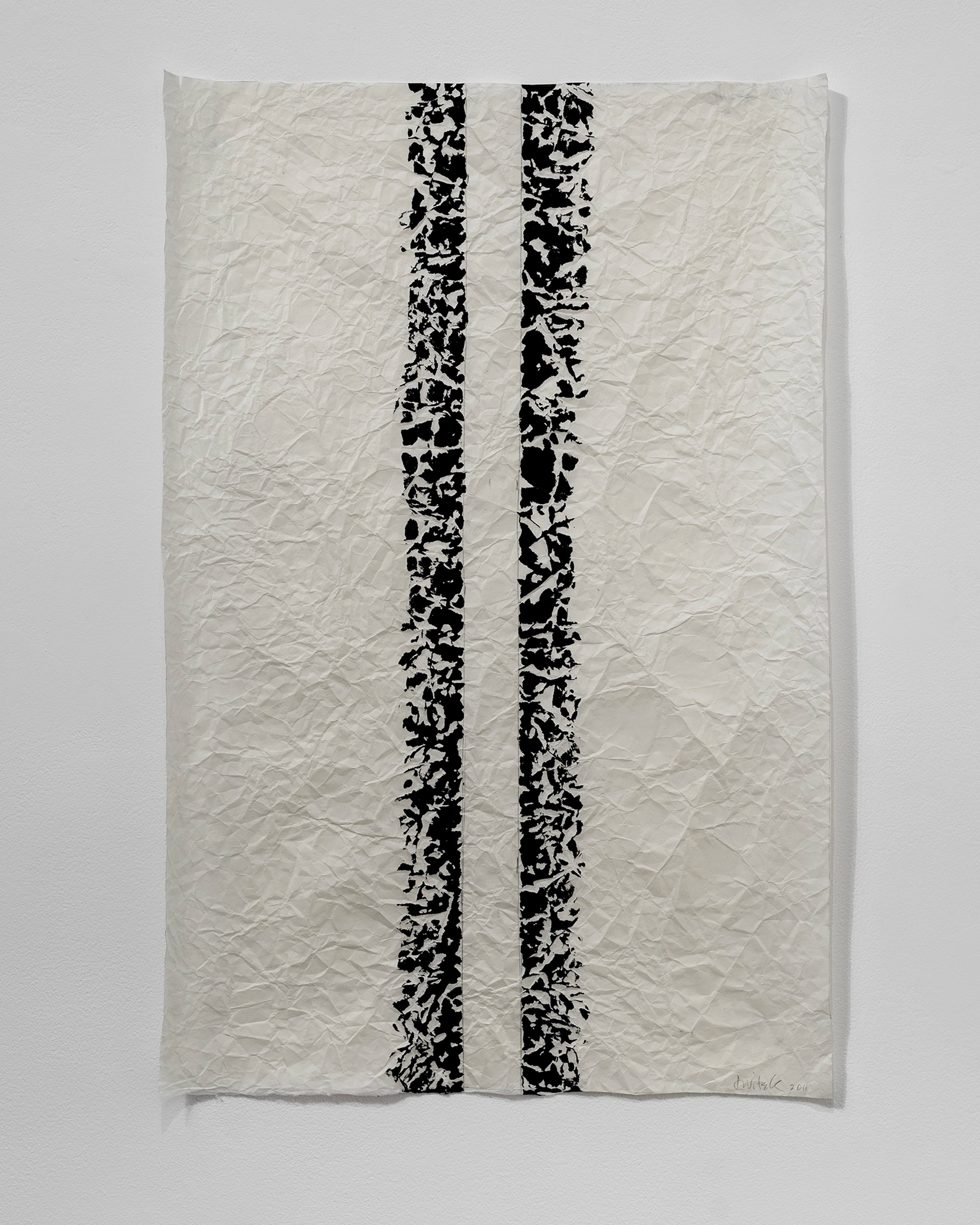 Two vertical black lines composed of fragmented marks run parallel down crumpled cream handmade ricepaper, created with pigmented ink, watercolour and pencil