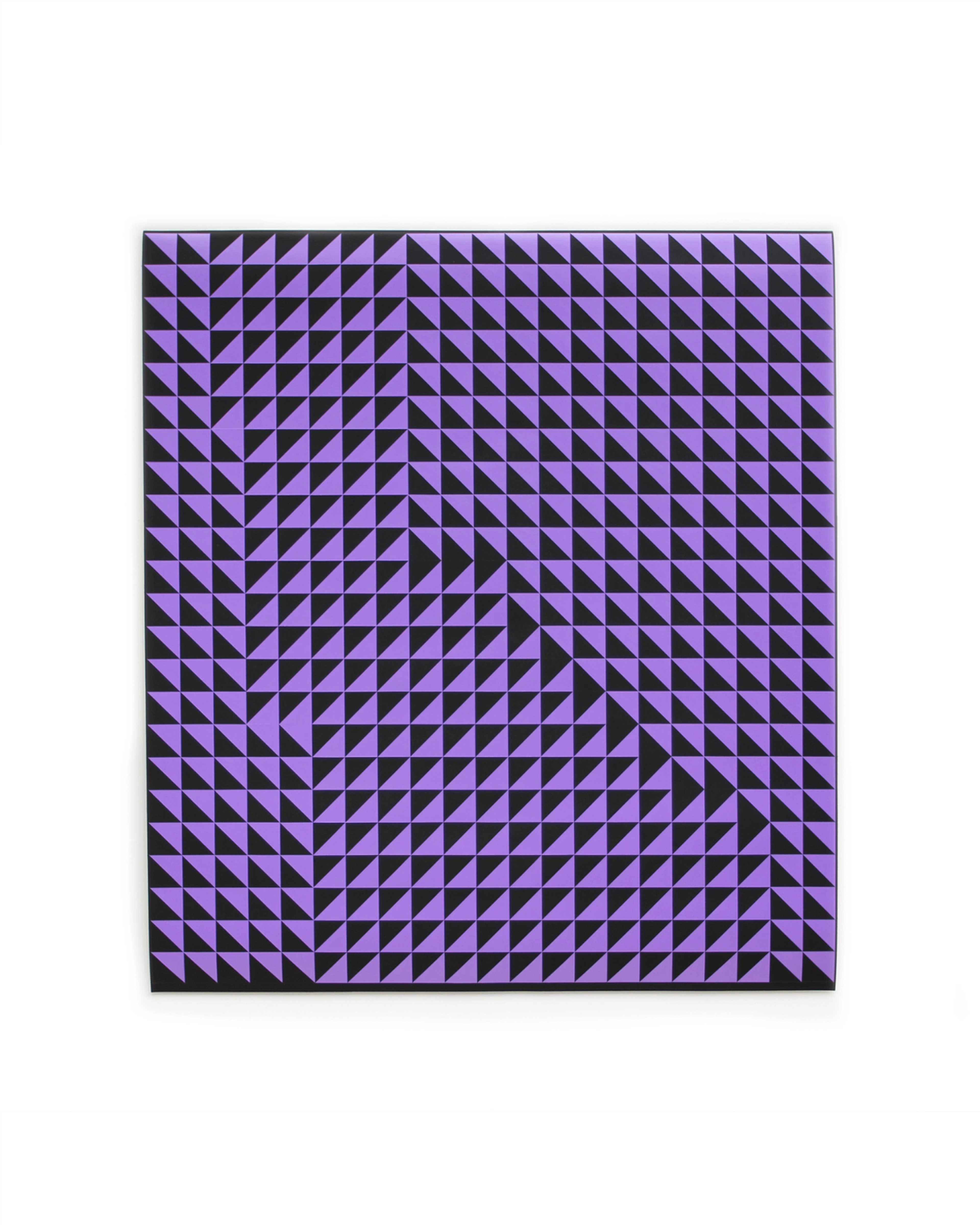 Purple and black geometric composition of interlocking triangles creating an optical illusion of depth and movement across the canvas surface