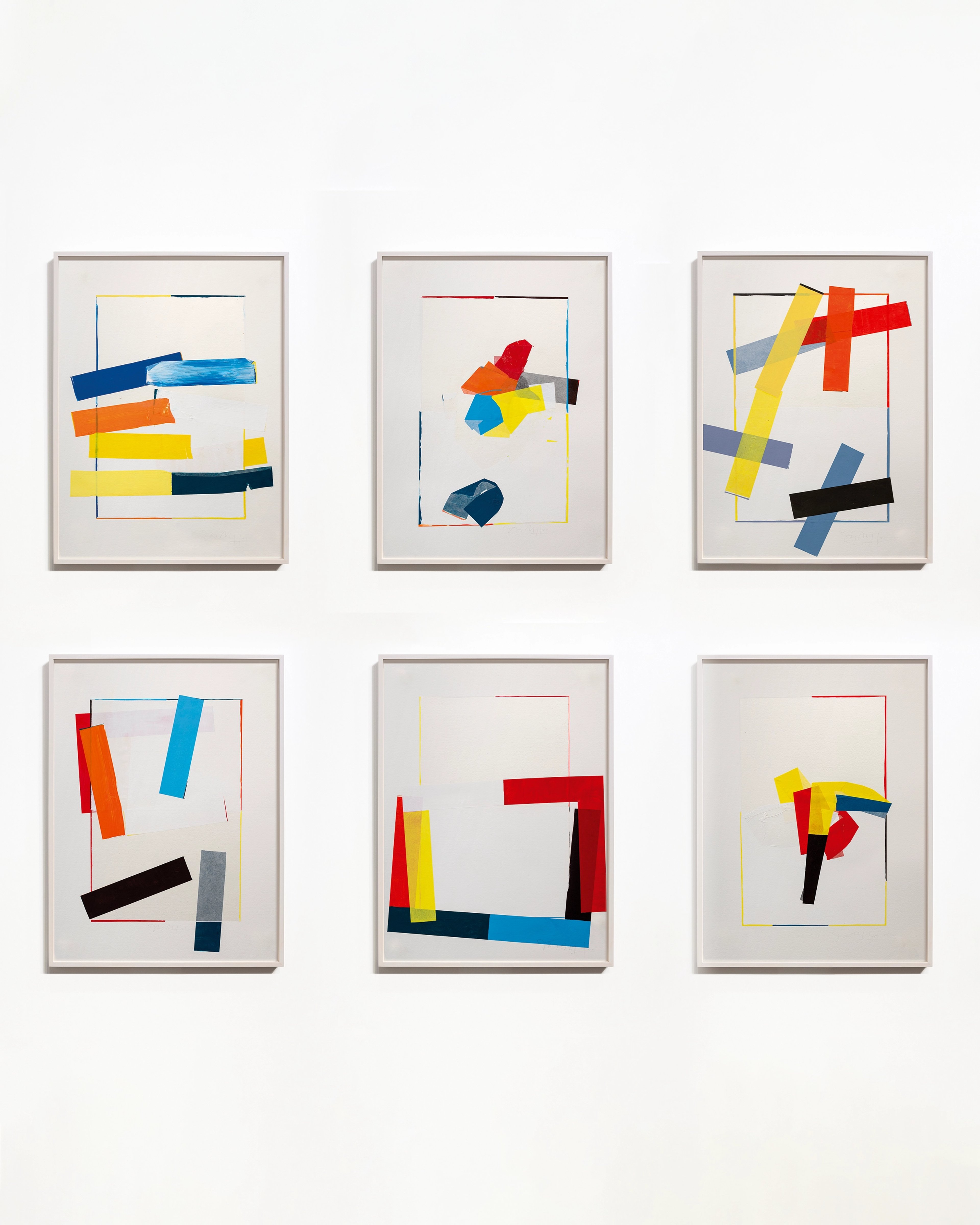 Six framed abstract compositions with geometric coloured paper strips and hand-drawn lines in red, blue, yellow, black and grey arranged in dynamic, overlapp…