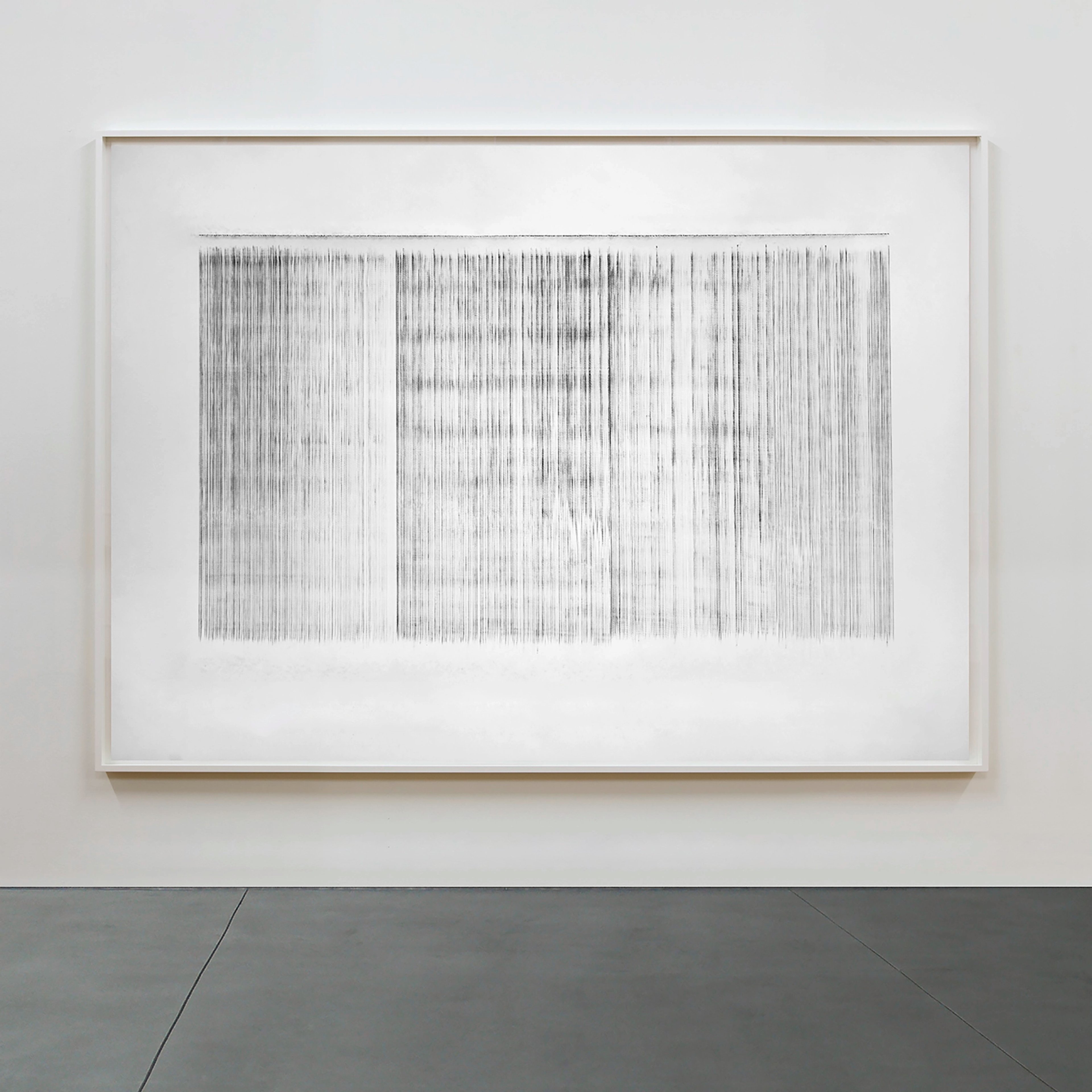 Framed drawing of dense parallel vertical lines in vine ash on paper, creating varying tonal bands across the composition