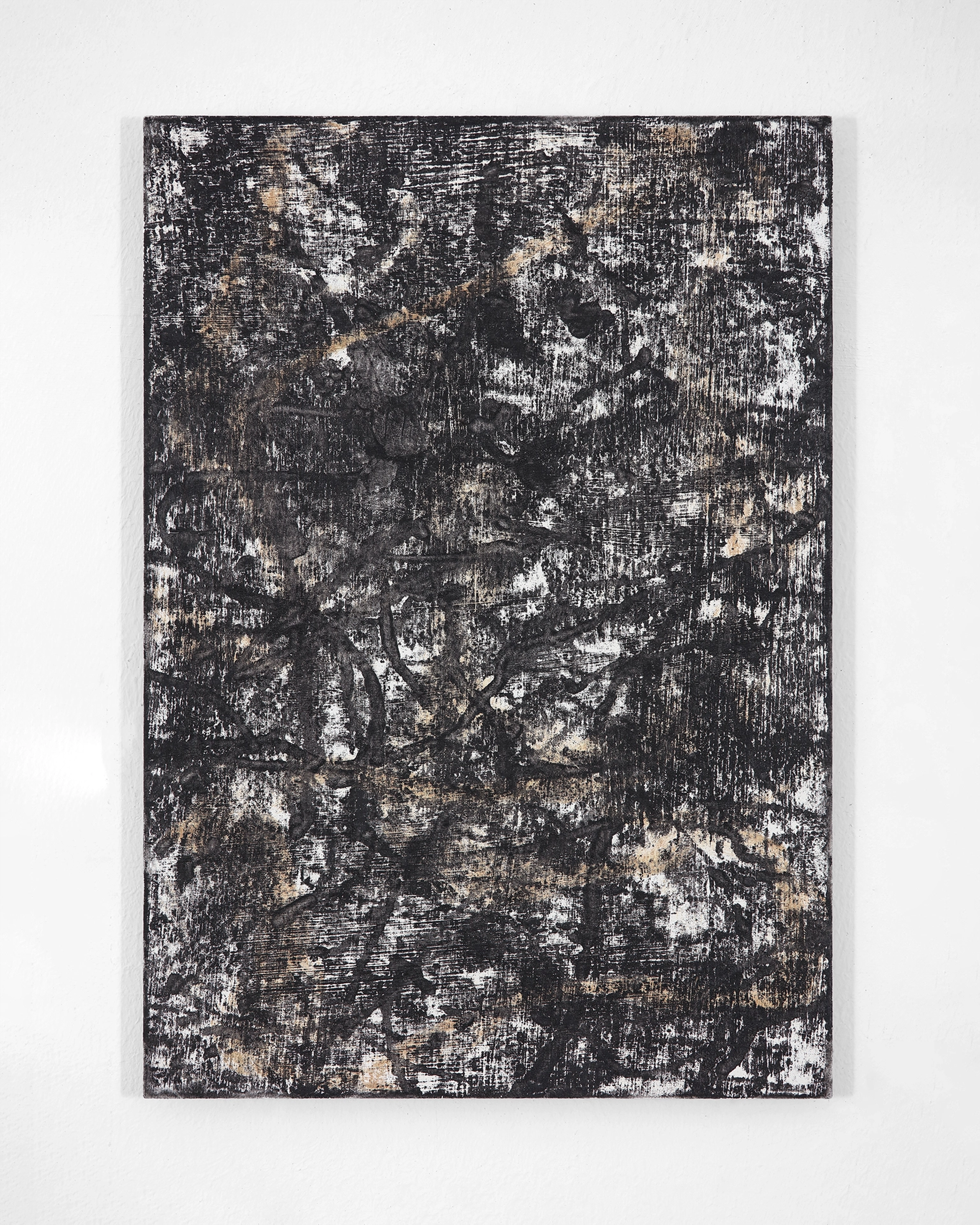 Heavily textured abstract painting with dense vertical striations in black, white, and ochre on aluminium, creating an eroded, weathered surface