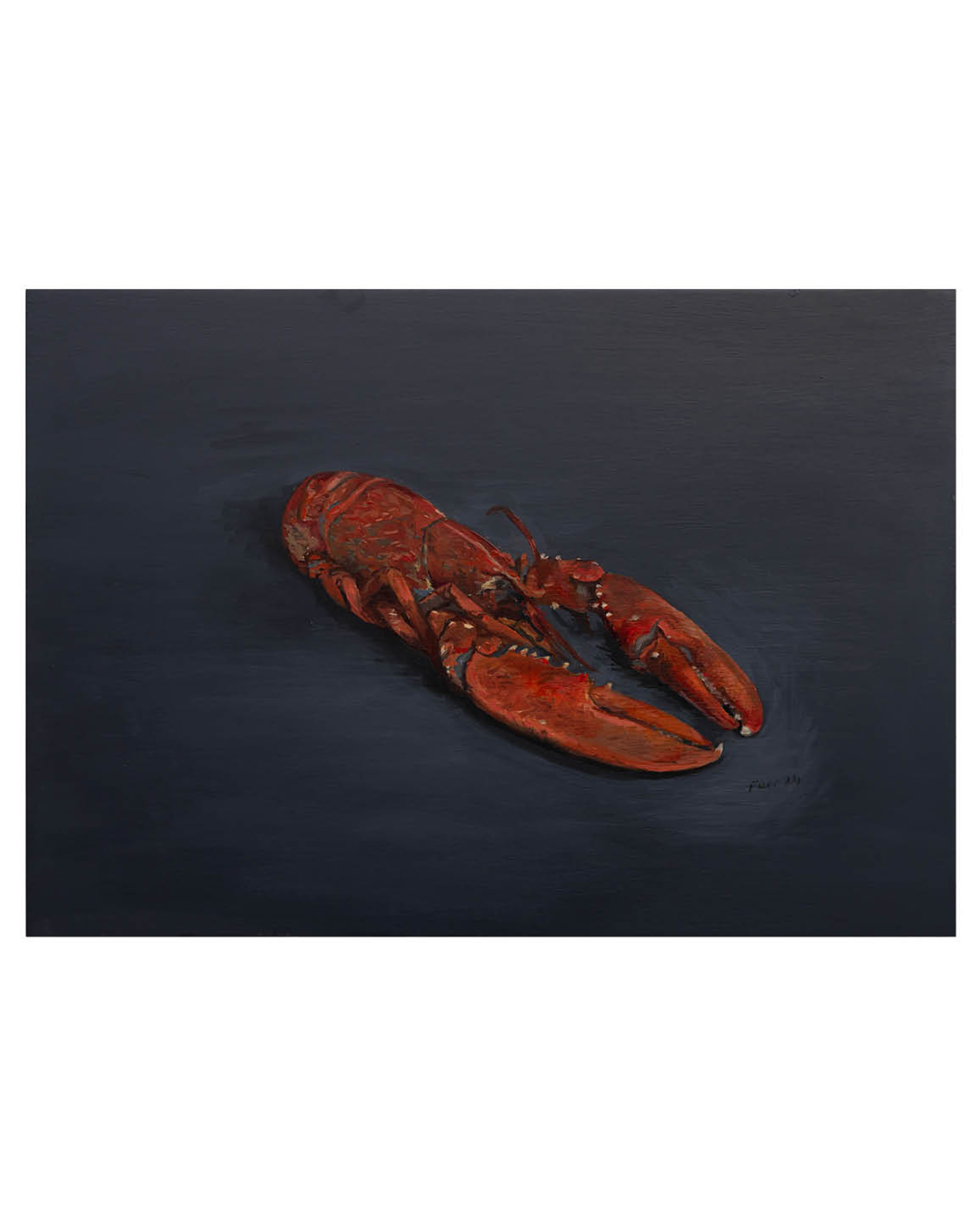 Rendered oil painting of a vivid red lobster isolated against a dark charcoal ground, detailed with warm ochre highlights across its segmented body and claws