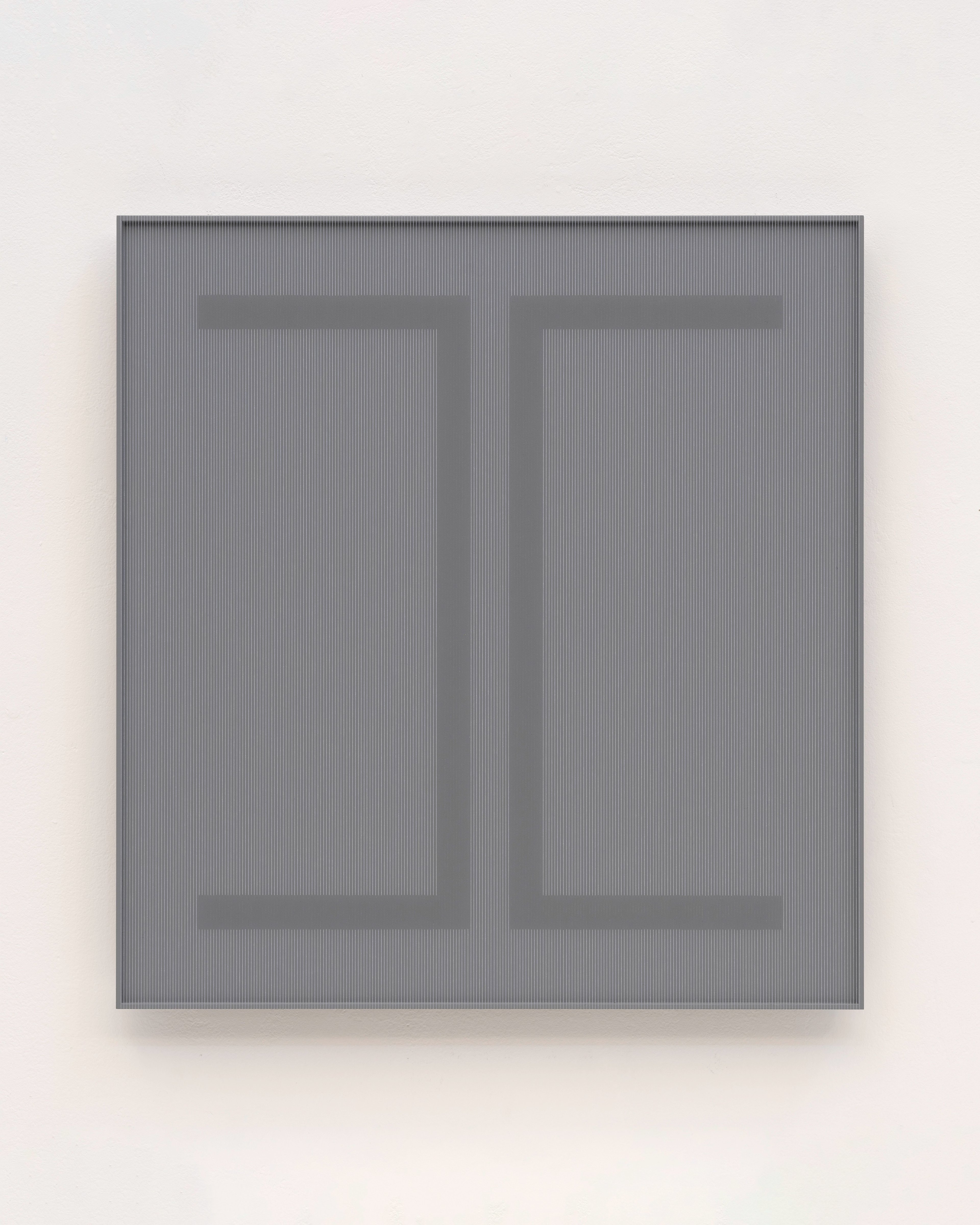 Gray monochromatic composition with two nested rectangular forms created through thread and acrylic paint on aluminum panel, emphasizing subtle tonal gradati…