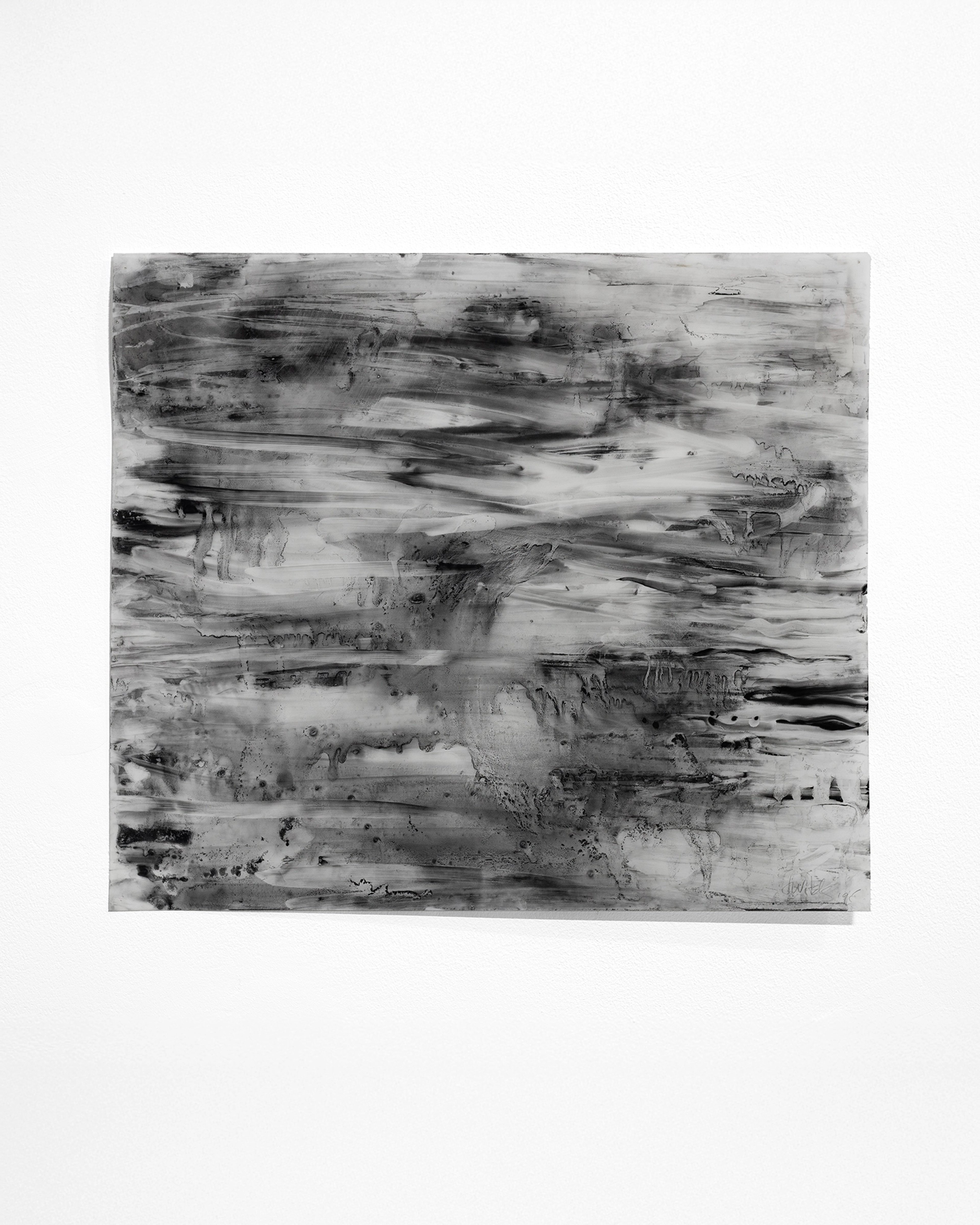 Monochromatic watercolour on film with horizontal gestural marks and organic stains creating layered, atmospheric abstraction in greys and blacks